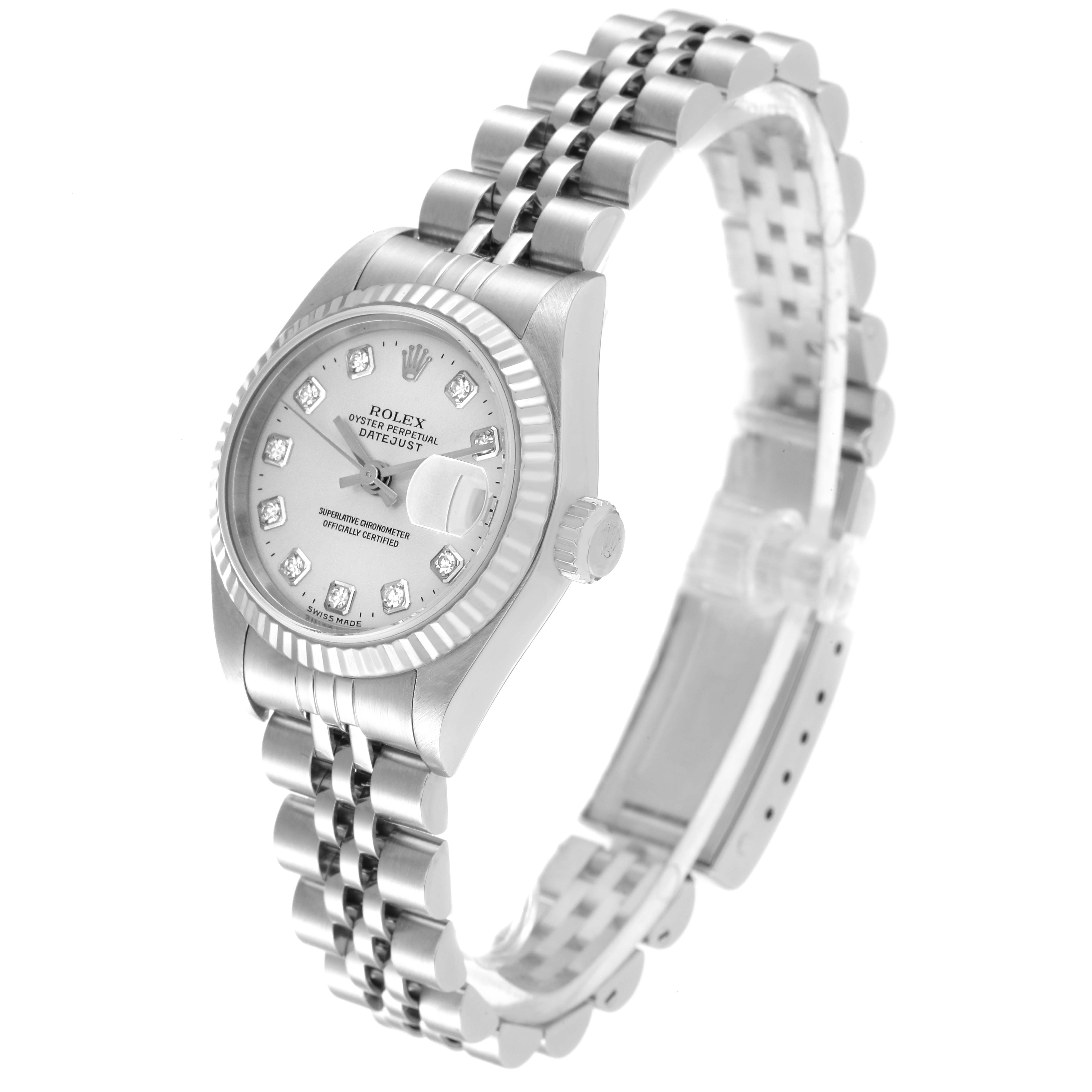 This Rolex Datejust 79174 Women's Stainless Steel Silver Dial 79174 Women's Stainless Steel Silver Dial watch is shown at an angled view displaying its dial, bezel, and Jubilee bracelet.