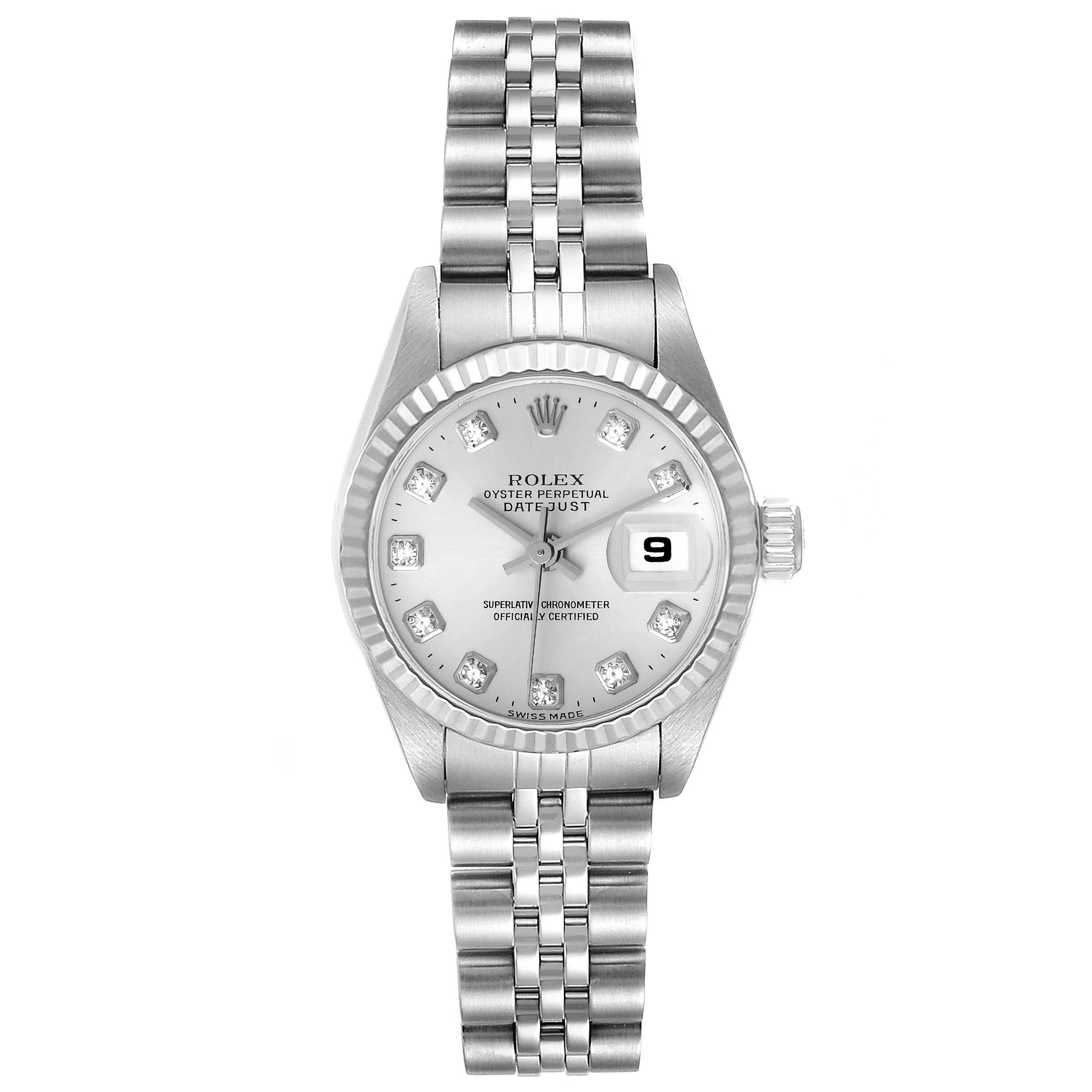 This image shows a frontal view of the Rolex Datejust 79174 Women's Stainless Steel Silver Dial 79174 Women's Stainless Steel Silver Dial watch, displaying its face, bezel, and bracelet.