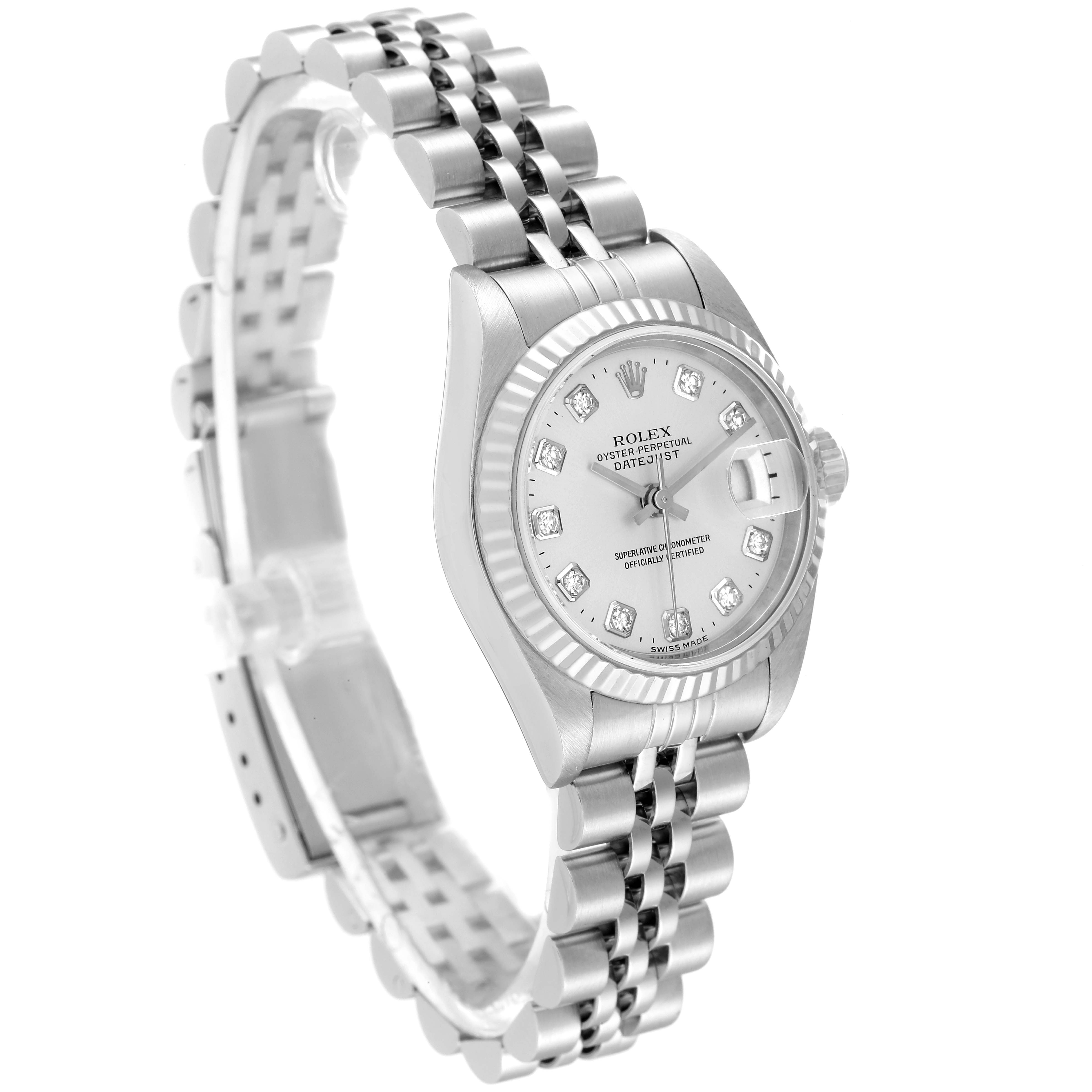 The image shows a Rolex Datejust 79174 Women's Stainless Steel Silver Dial 79174 Women's Stainless Steel Silver Dial watch from a slightly angled side view, highlighting its dial, bracelet, and clasp.