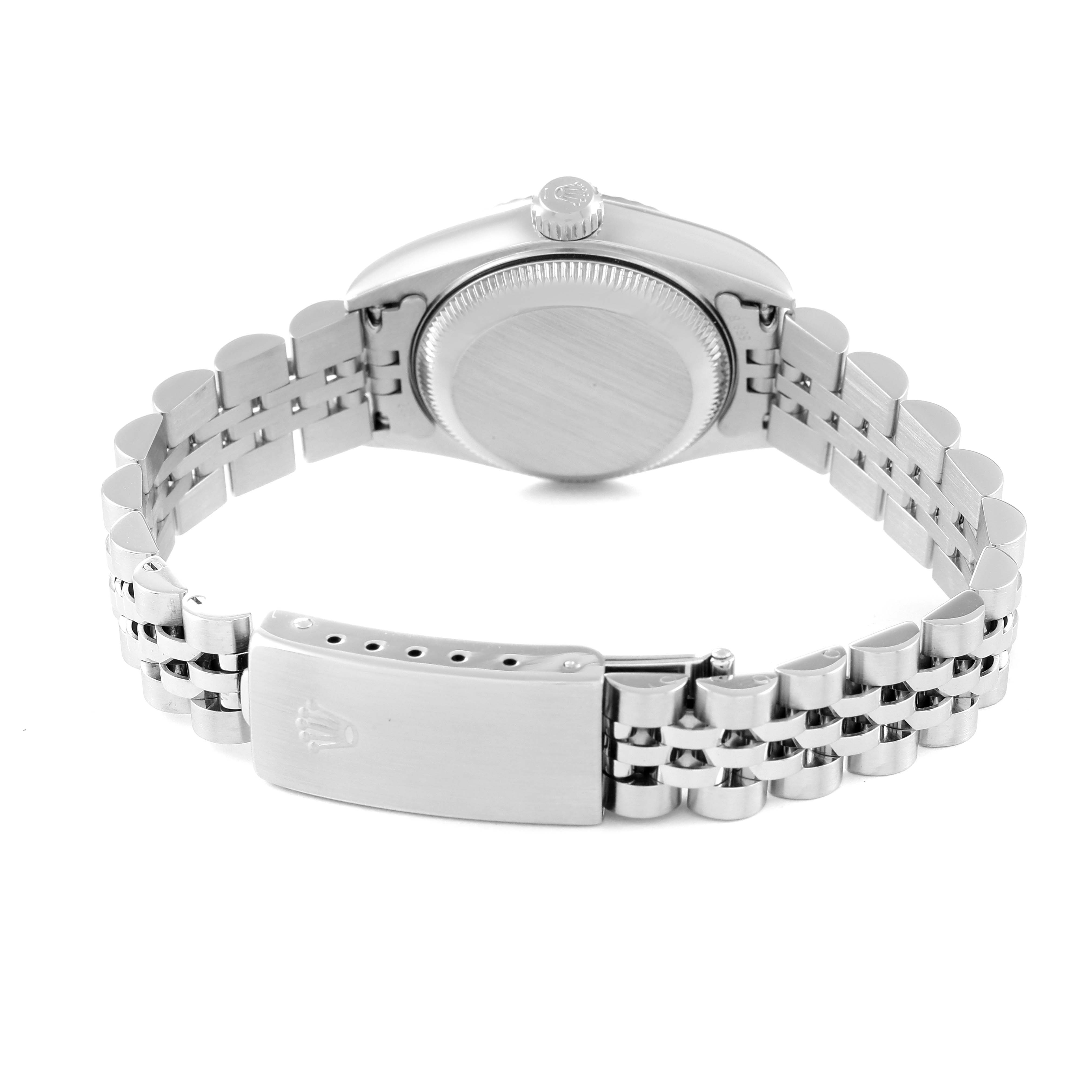 This image shows the back view of a Rolex Datejust 79174 Women's Stainless Steel Silver Dial 79174 Women's Stainless Steel Silver Dial watch, highlighting the caseback, crown, and bracelet clasp.