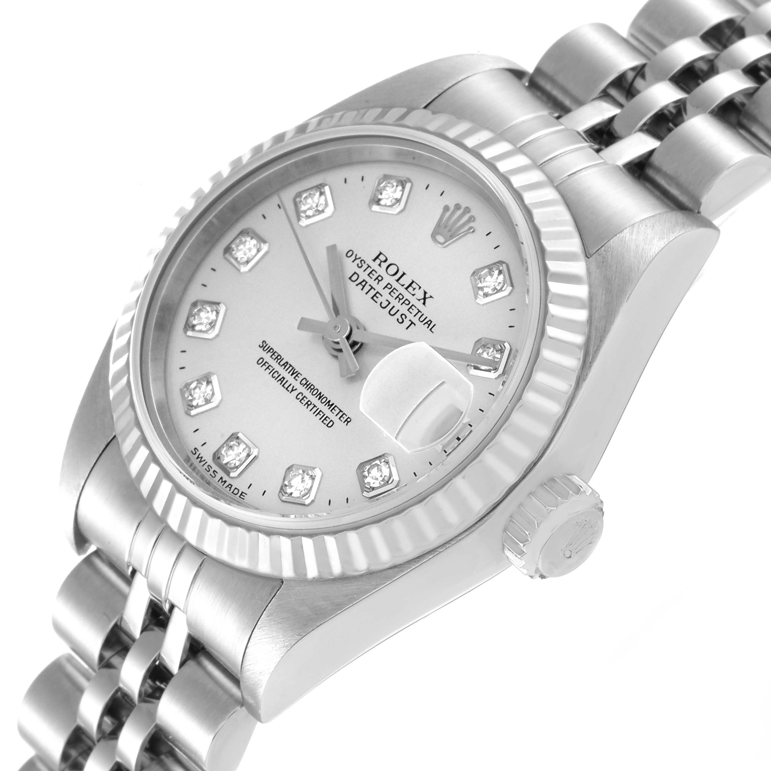 The Rolex Datejust 79174 Women's Stainless Steel Silver Dial 79174 Women's Stainless Steel Silver Dial watch is shown at a slight angle, displaying the dial, bezel, and part of the bracelet.