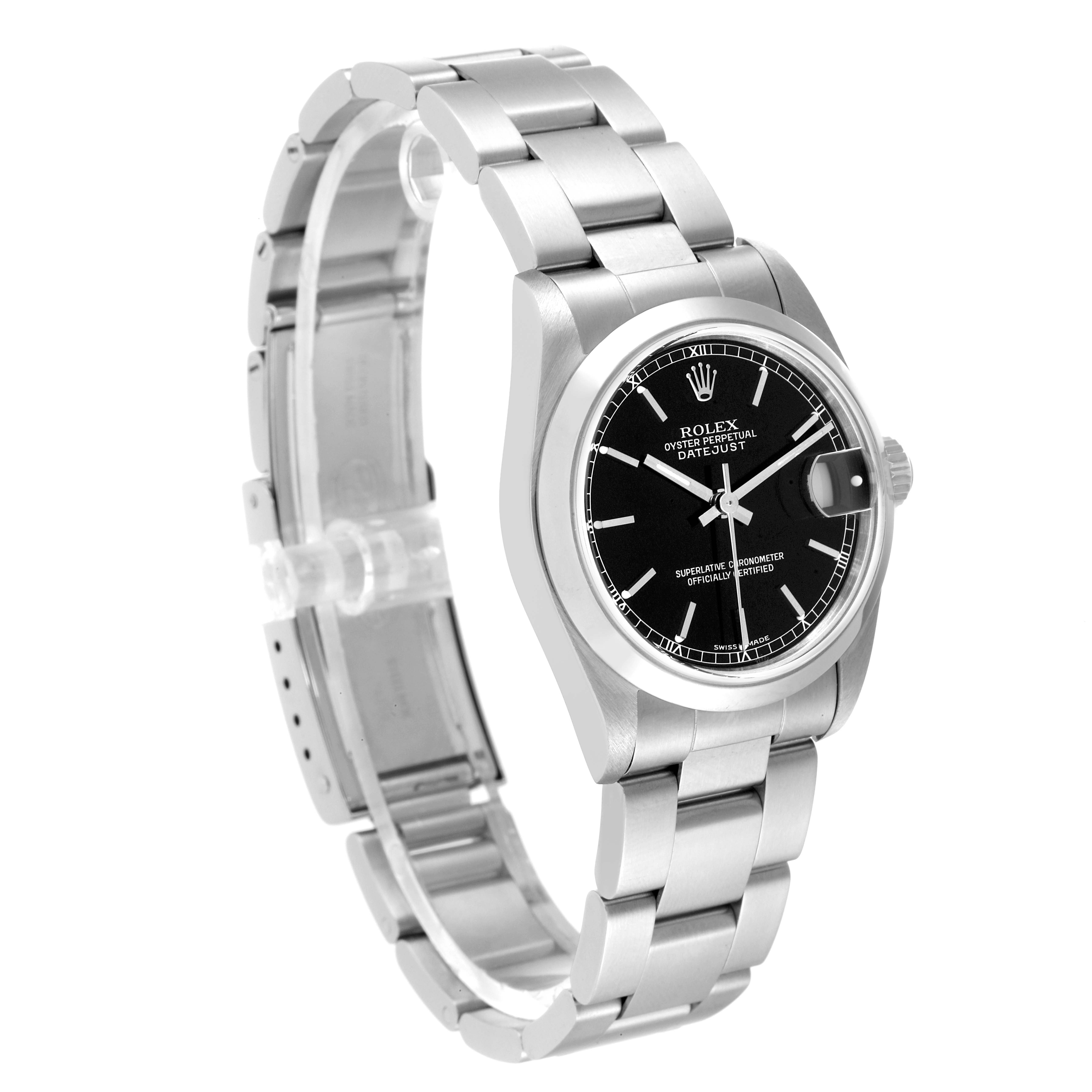 The Rolex Mid-Size 78240 Women
s Stainless Steel Black Dial 78240 Women
s Stainless Steel Black Dial model watch is shown at a 3/4 angle, highlighting the black dial, bezel, and metal bracelet.