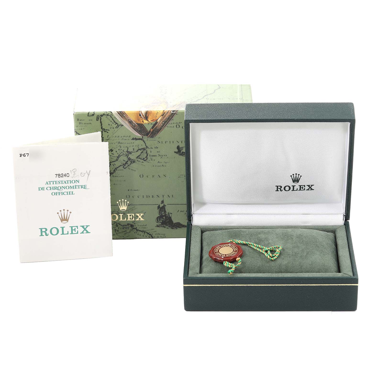 The image shows the packaging, user manual, and certificate for a Mid-Size Rolex watch.