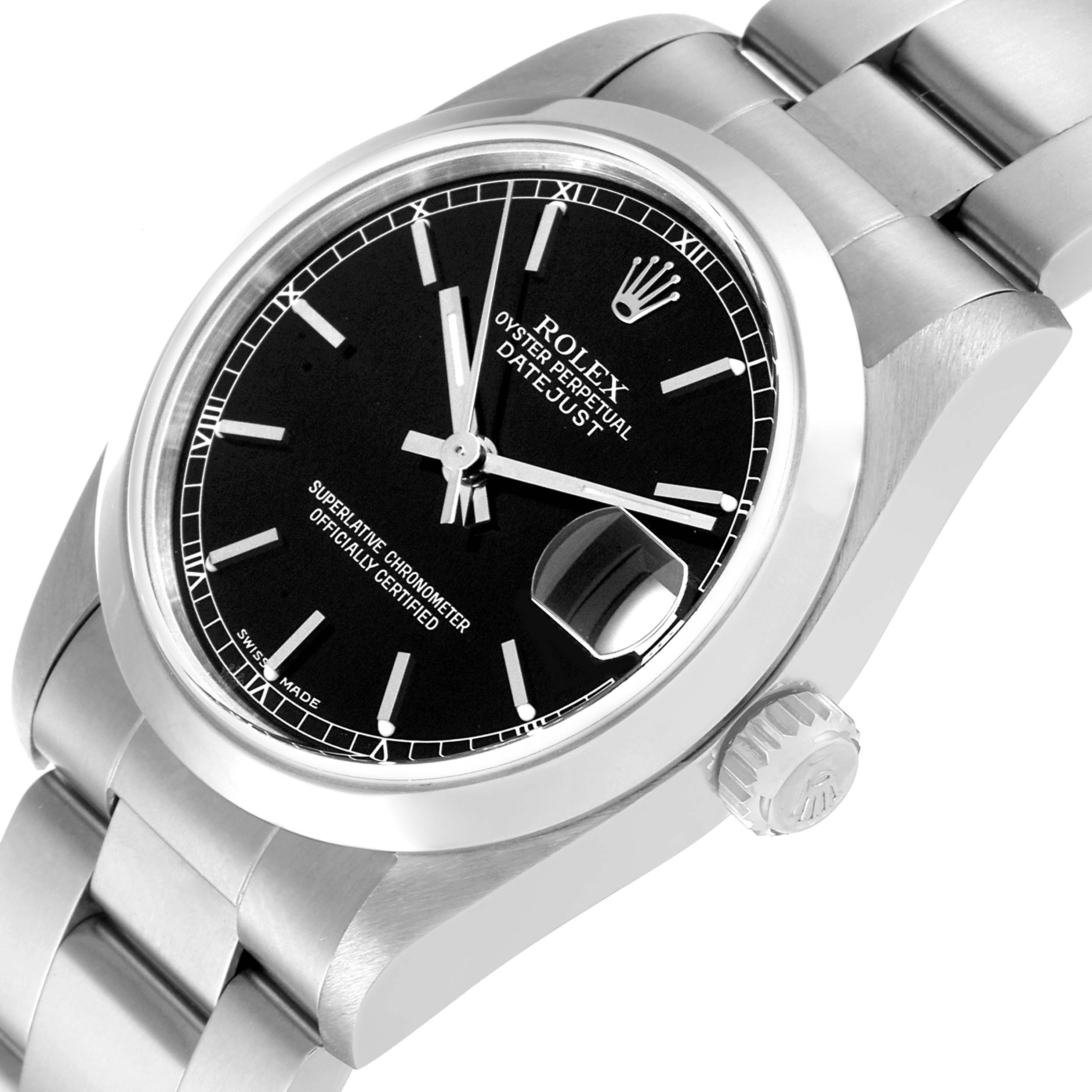 The image shows a Mid-Size Rolex Datejust watch viewed from an angle, highlighting the dial, bezel, crown, and part of the bracelet.