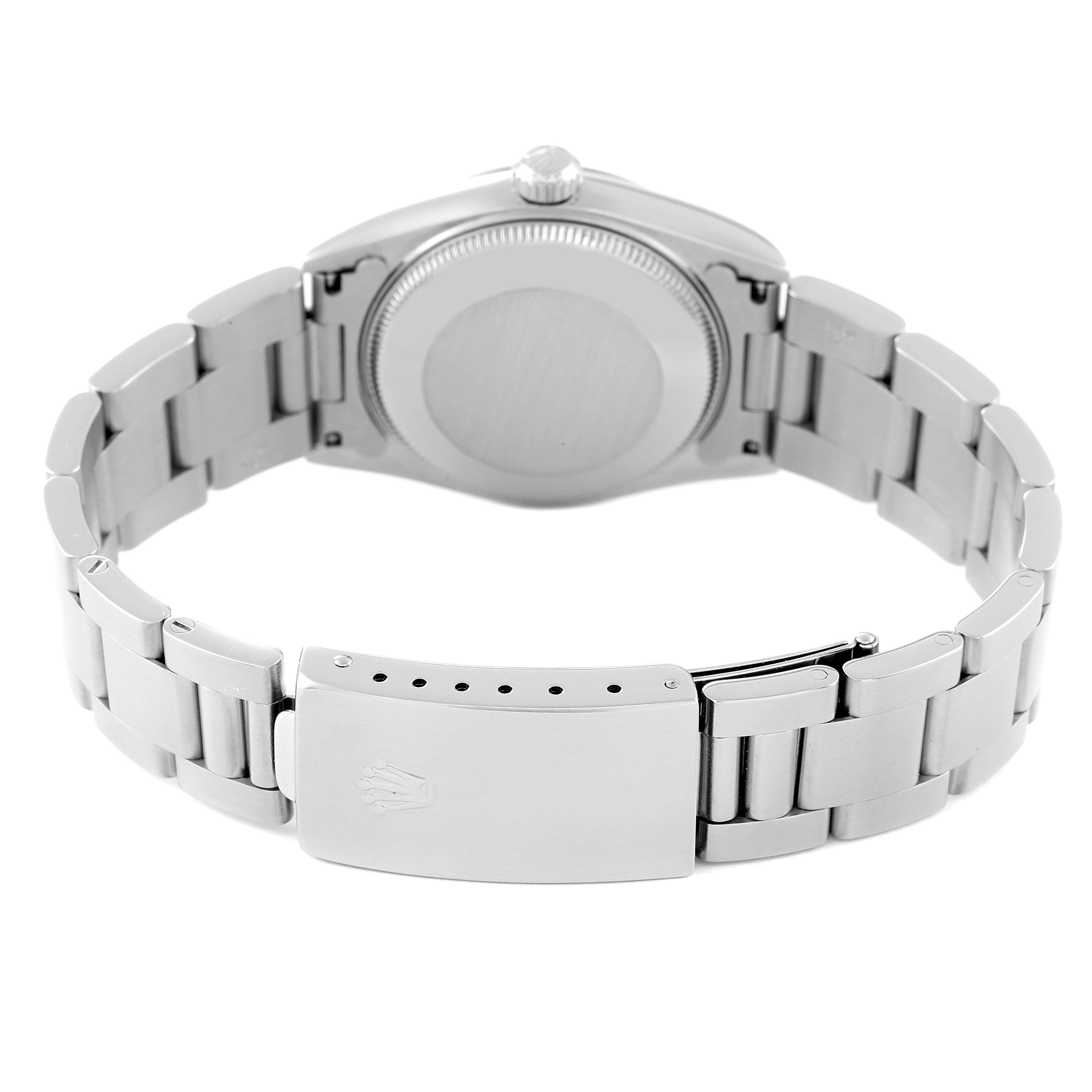 The image shows the back and bracelet of a Rolex Mid-Size 78240 Women
s Stainless Steel Black Dial 78240 Women
s Stainless Steel Black Dial model, highlighting the clasp and case back.