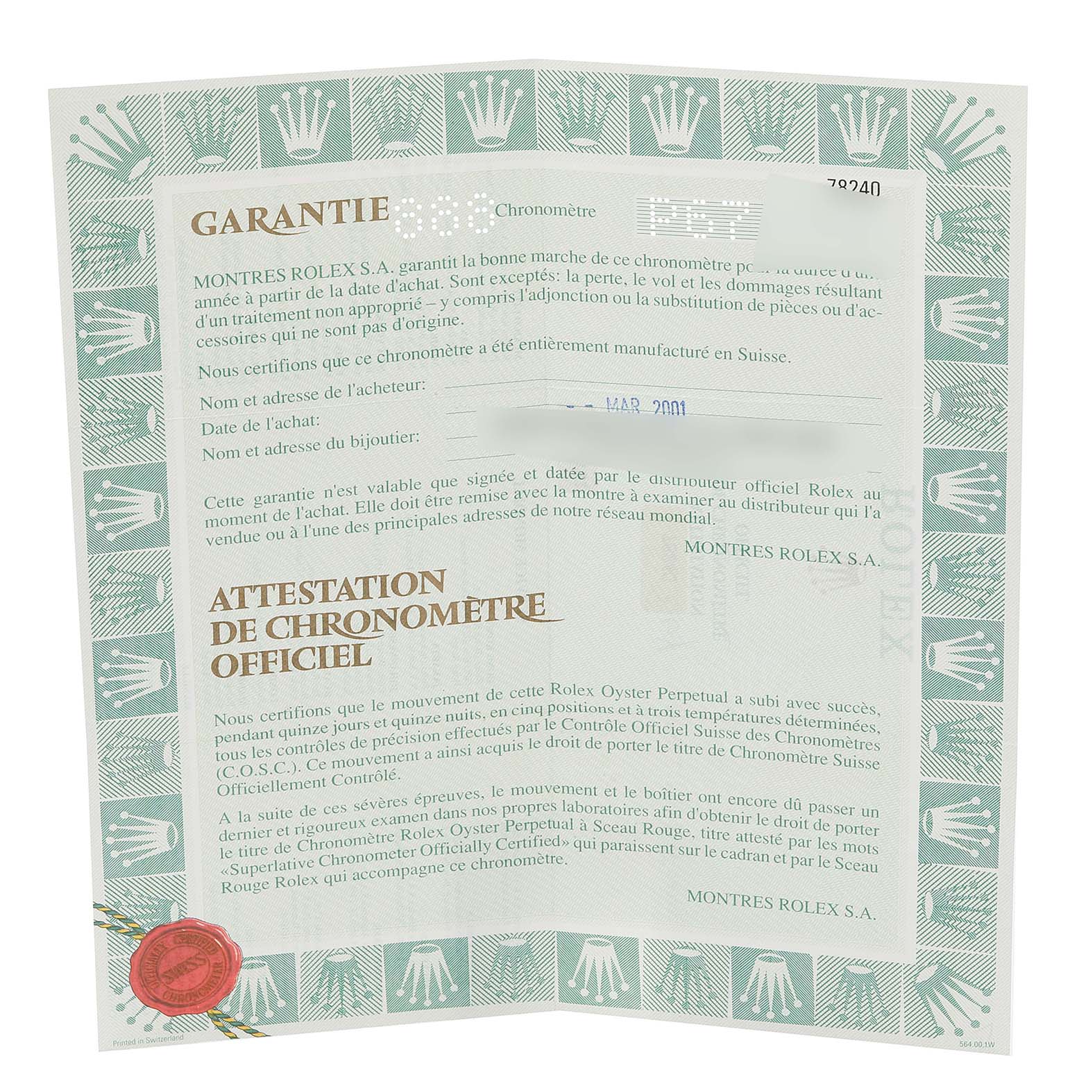 A Rolex Mid-Size 78240 Women
s Stainless Steel Black Dial 78240 Women
s Stainless Steel Black Dial model
s warranty certificate is shown from a top-down angle.