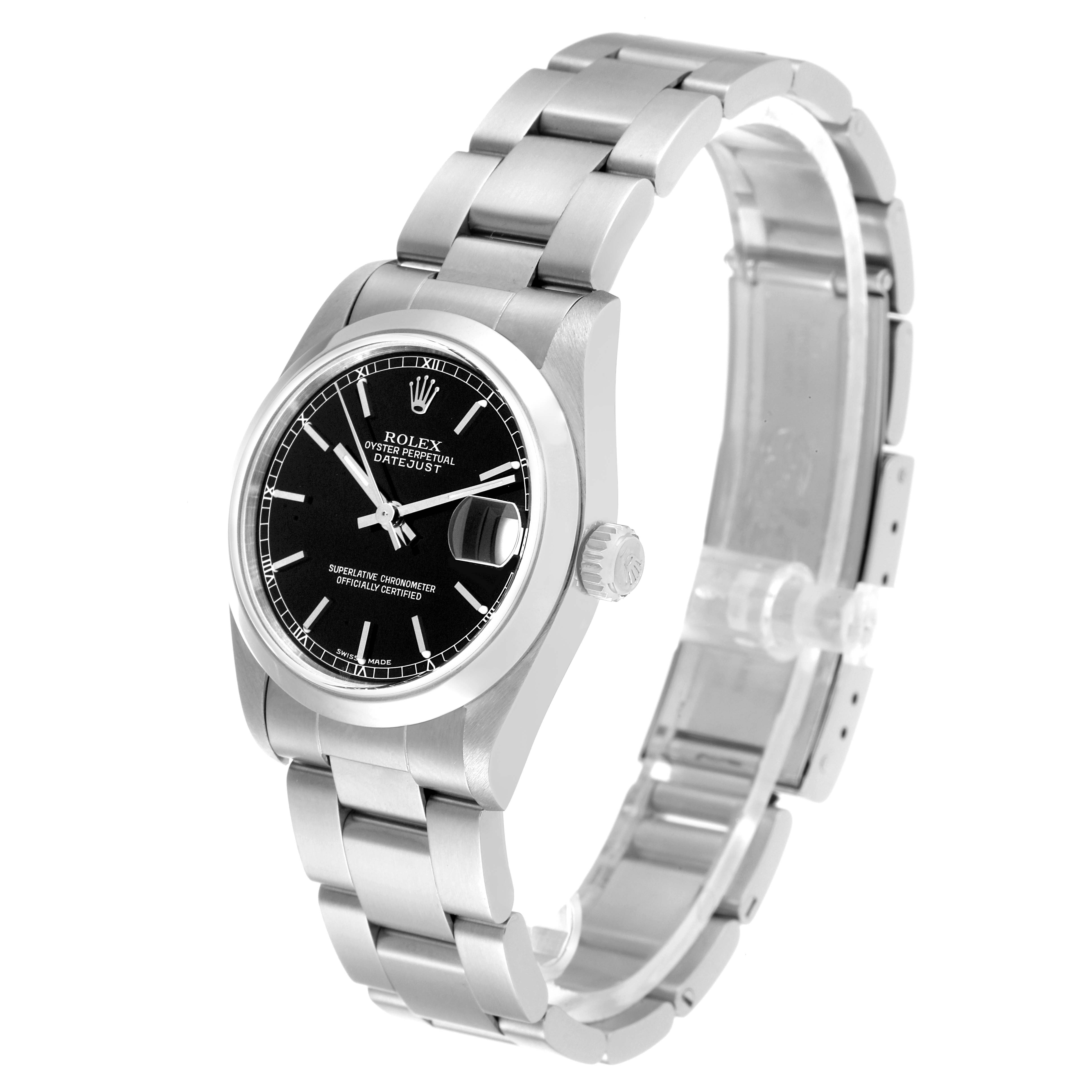 The image shows a Rolex Mid-Size 78240 Women
s Stainless Steel Black Dial 78240 Women
s Stainless Steel Black Dial Oyster Perpetual Datejust watch at a slight angle, highlighting the face, bezel, and bracelet.