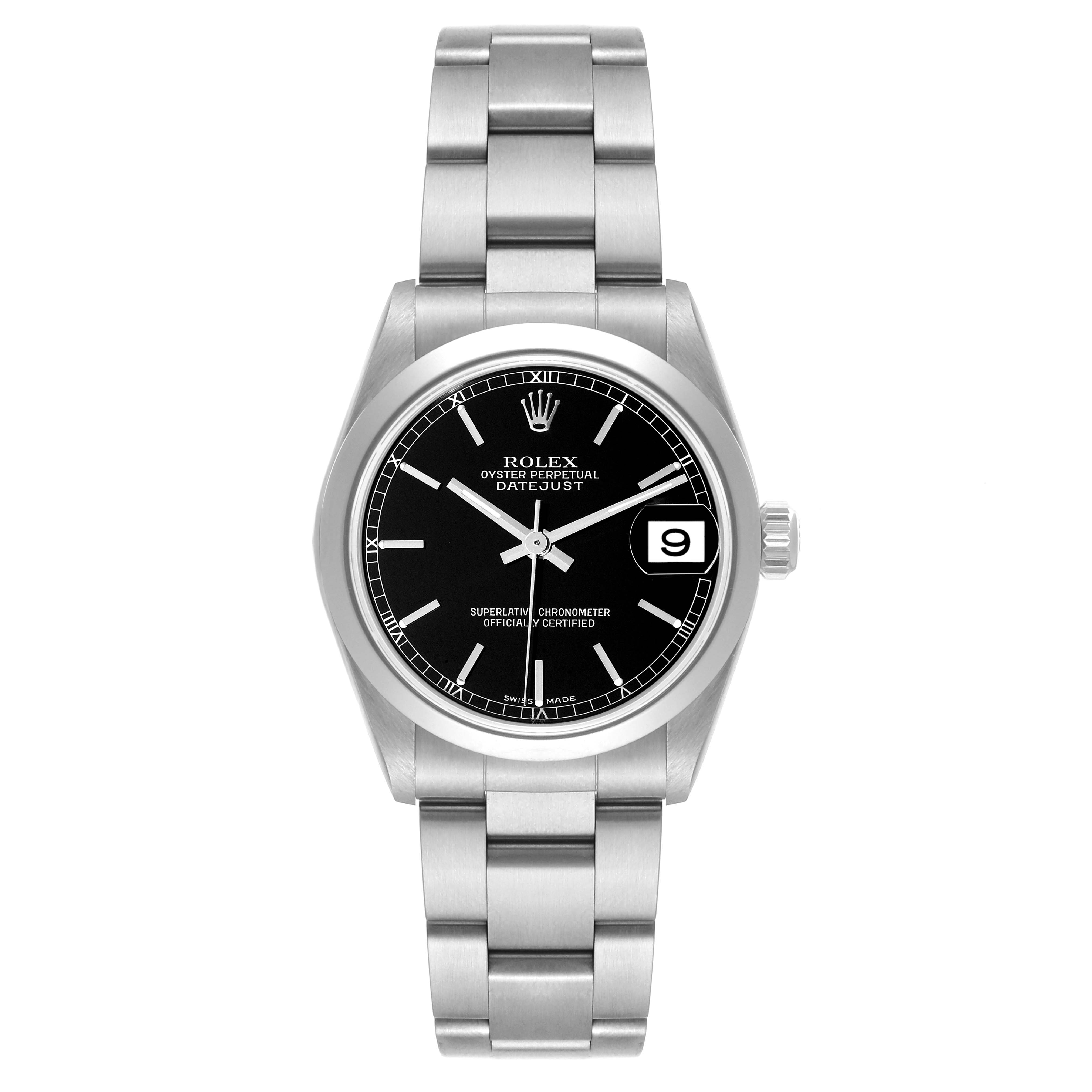 This image shows a front view of the Rolex Oyster Perpetual Datejust Mid-Size watch, displaying the dial, bezel, crown, and bracelet.