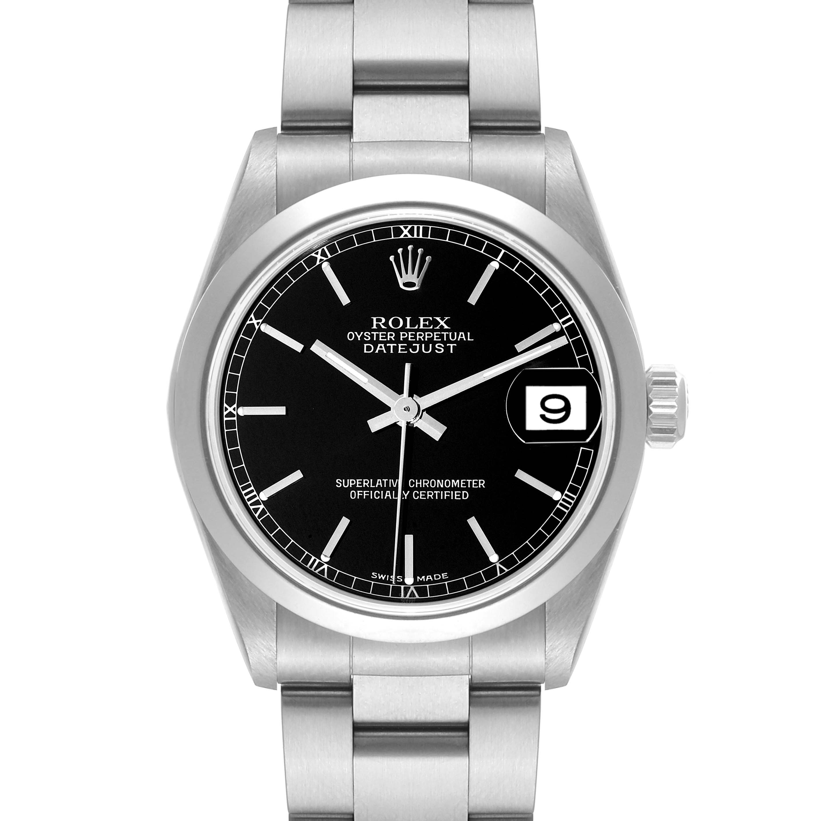 This is a front view of a Rolex Mid-Size 78240 Women
s Stainless Steel Black Dial 78240 Women
s Stainless Steel Black Dial Datejust watch, showcasing its black dial, date window, and stainless steel bracelet.