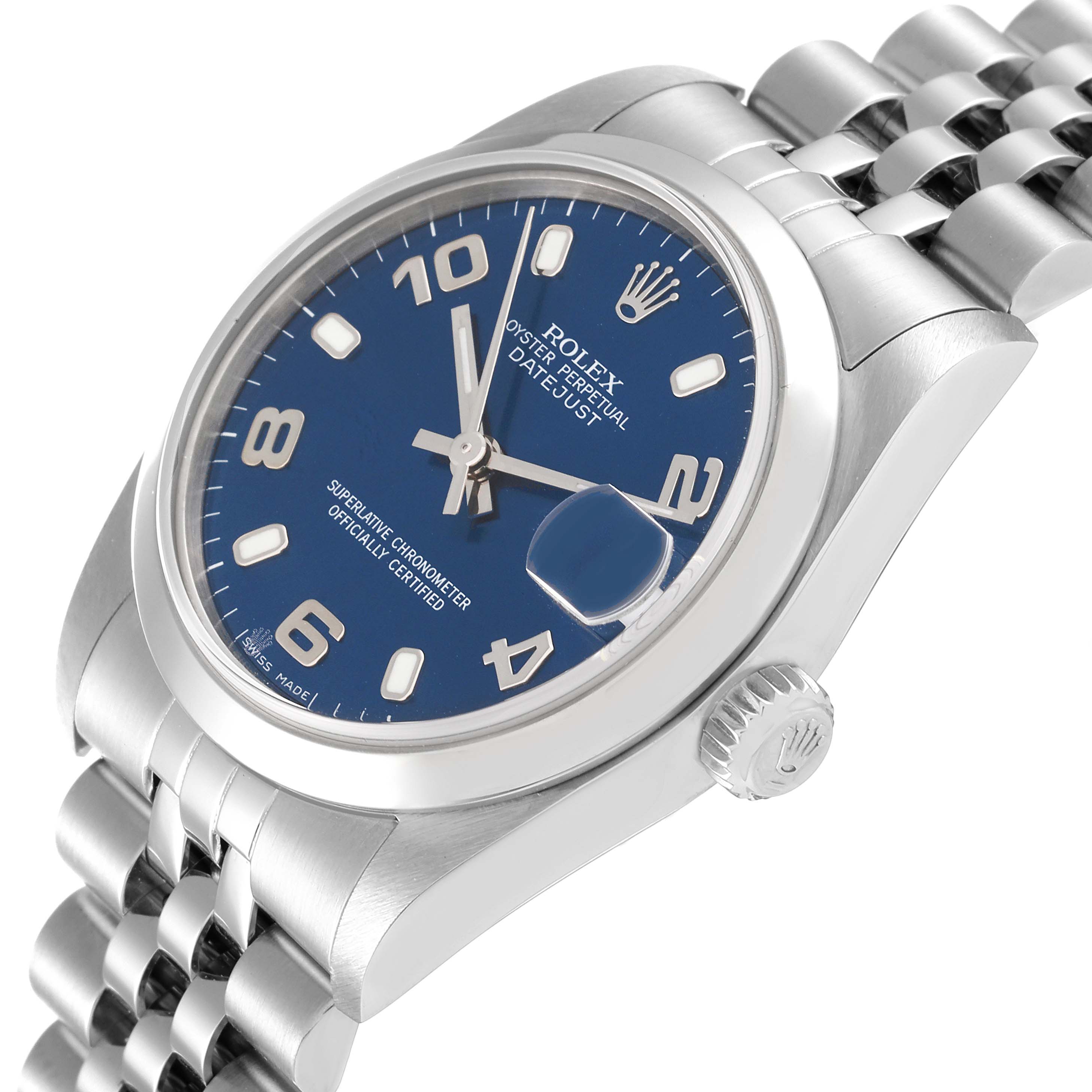 This image shows a Rolex Oyster Perpetual Datejust Mid-Size watch at an angled view, highlighting its blue dial, bracelet, and crown.