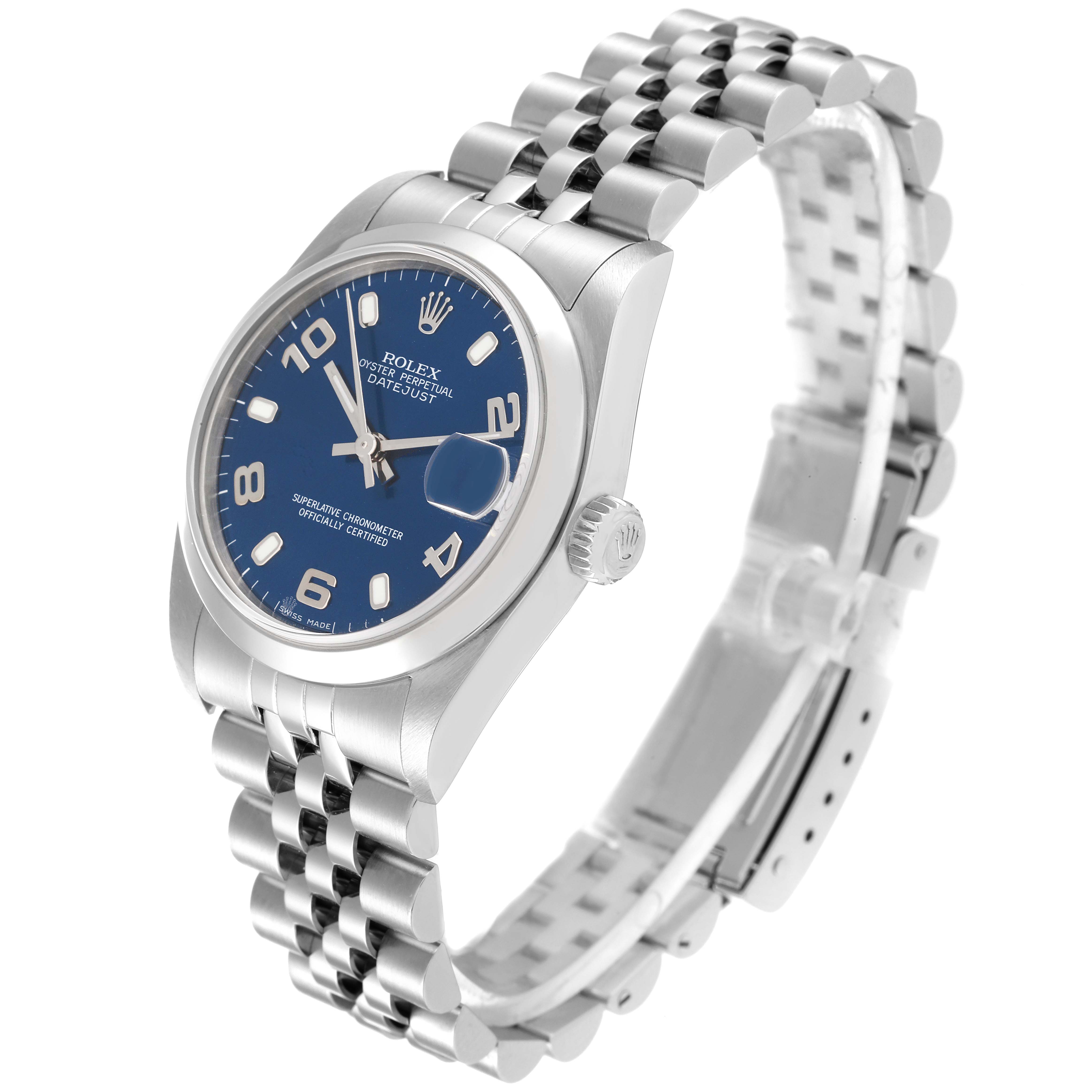 This image shows a Rolex Mid-Size 78240 Women
s Stainless Steel Blue Dial 78240 Women
s Stainless Steel Blue Dial Datejust watch at a three-quarter angle, highlighting its blue dial, bezel, crown, and Jubilee bracelet.