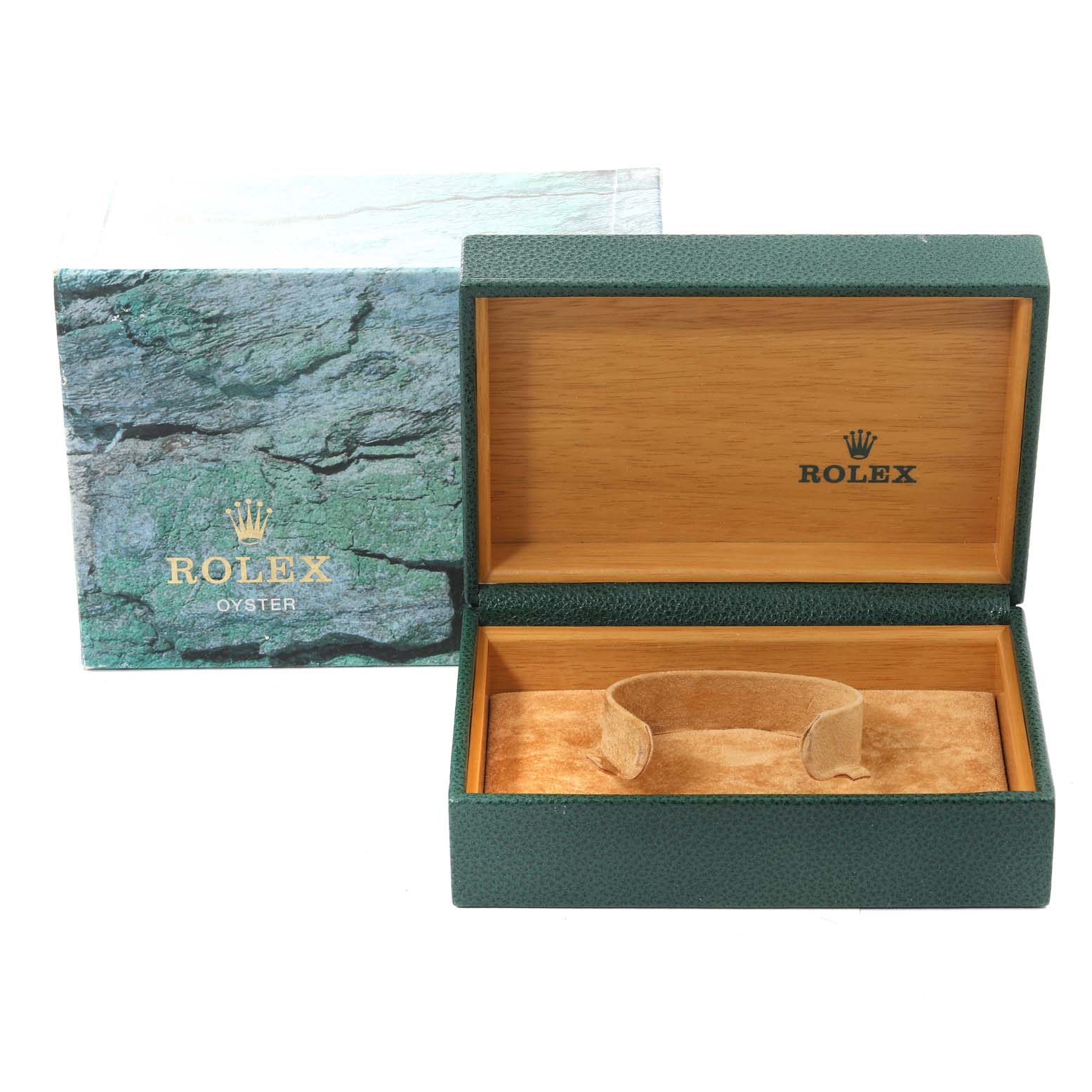 The image shows an open Rolex Oyster box for a Mid-Size model, with the cushion inside and the box lid displaying the brand logo.