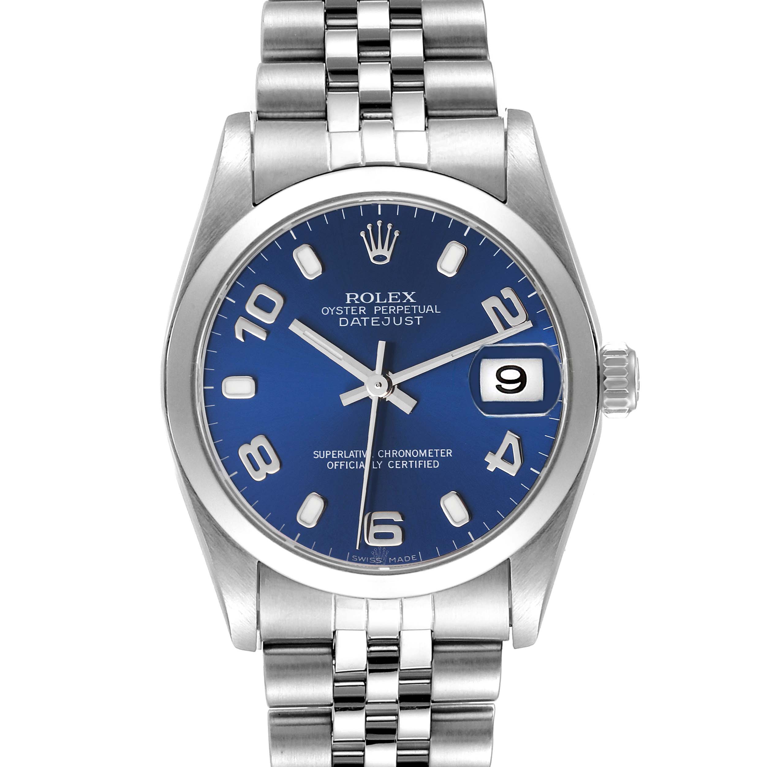 The image shows a front view of the Rolex Oyster Perpetual Datejust Mid-Size model with a blue dial and silver bracelet.