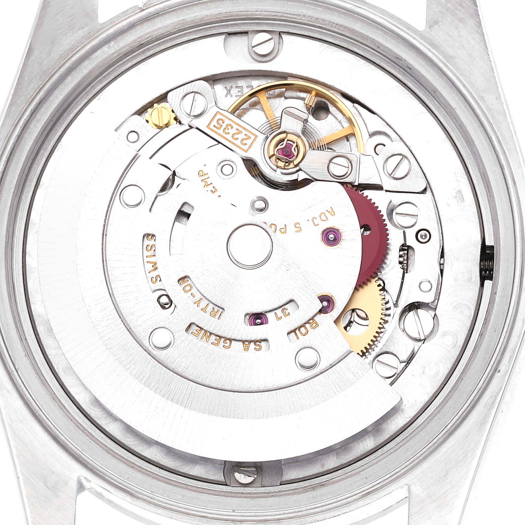 This is an inside view of a Rolex Mid-Size 78240 Women
s Stainless Steel Blue Dial 78240 Women
s Stainless Steel Blue Dial model showing its movement and internal components.
