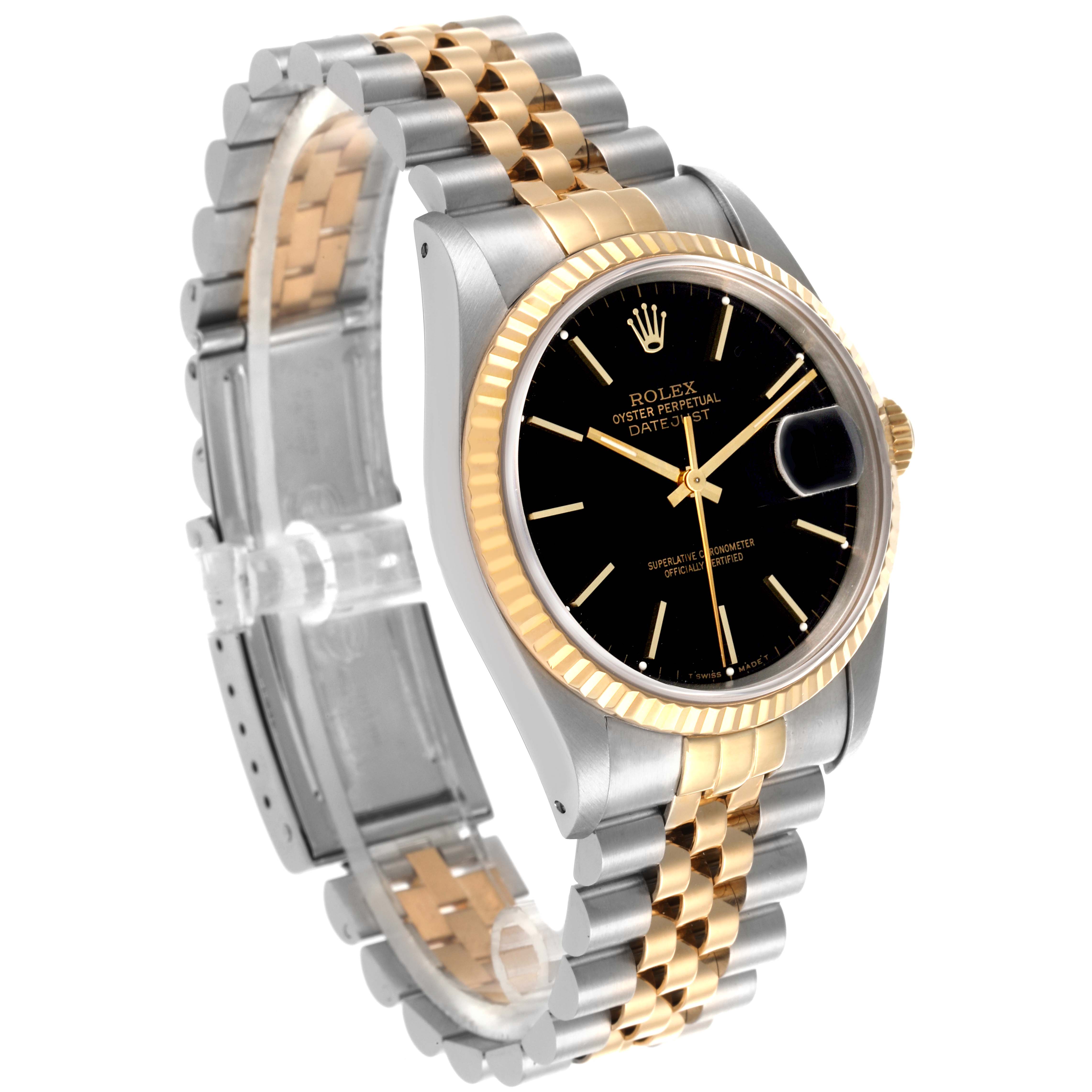 The Rolex Datejust 16233 Men's Steel and Gold (two tone) Black Dial 16233 Men's Steel and Gold (two tone) Black Dial watch is shown at a slight side angle, displaying the face, bezel, and part of the bracelet.
