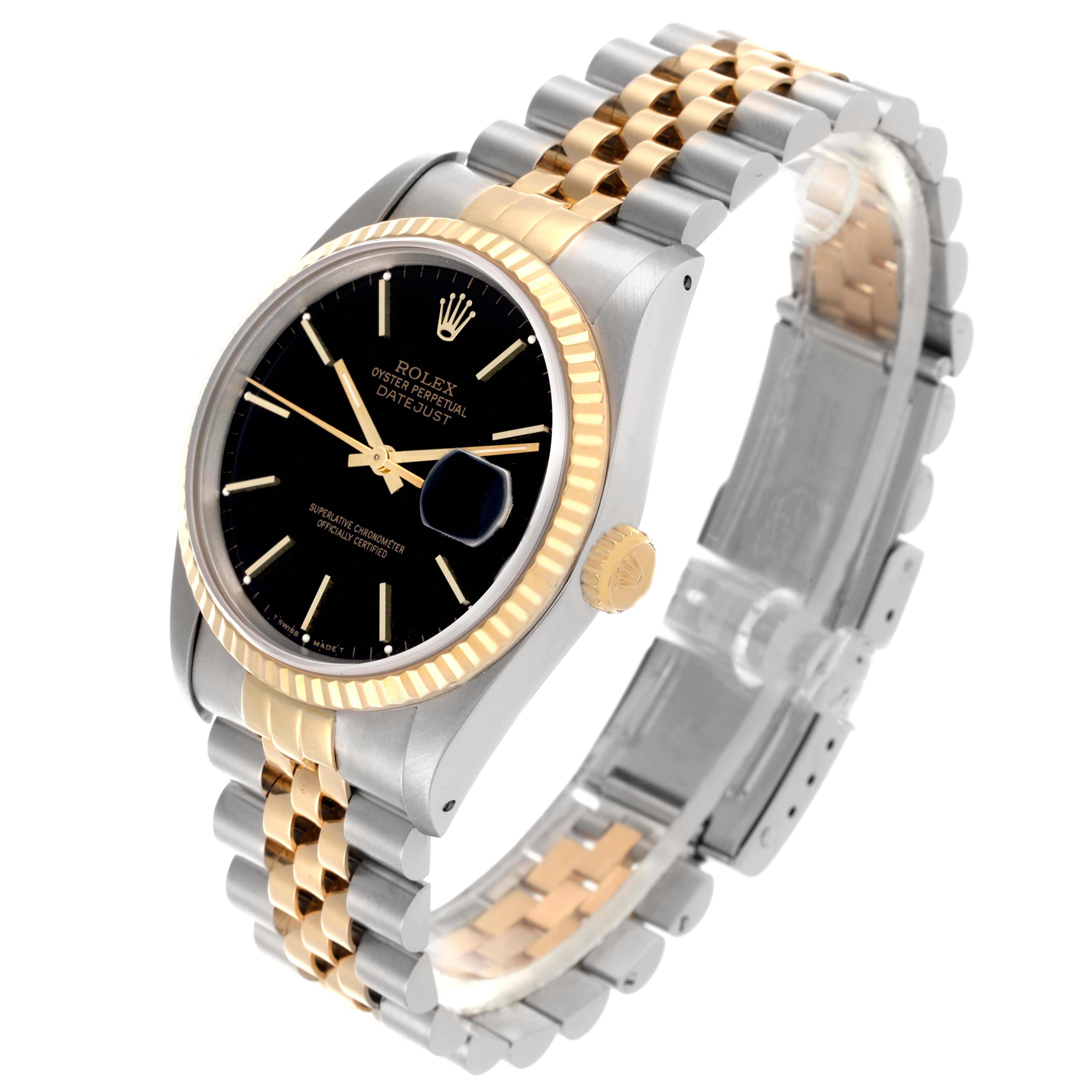 The image shows a Rolex Datejust 16233 Men's Steel and Gold (two tone) Black Dial 16233 Men's Steel and Gold (two tone) Black Dial watch at an angle highlighting the face, bezel, crown, and two-tone Jubilee bracelet.