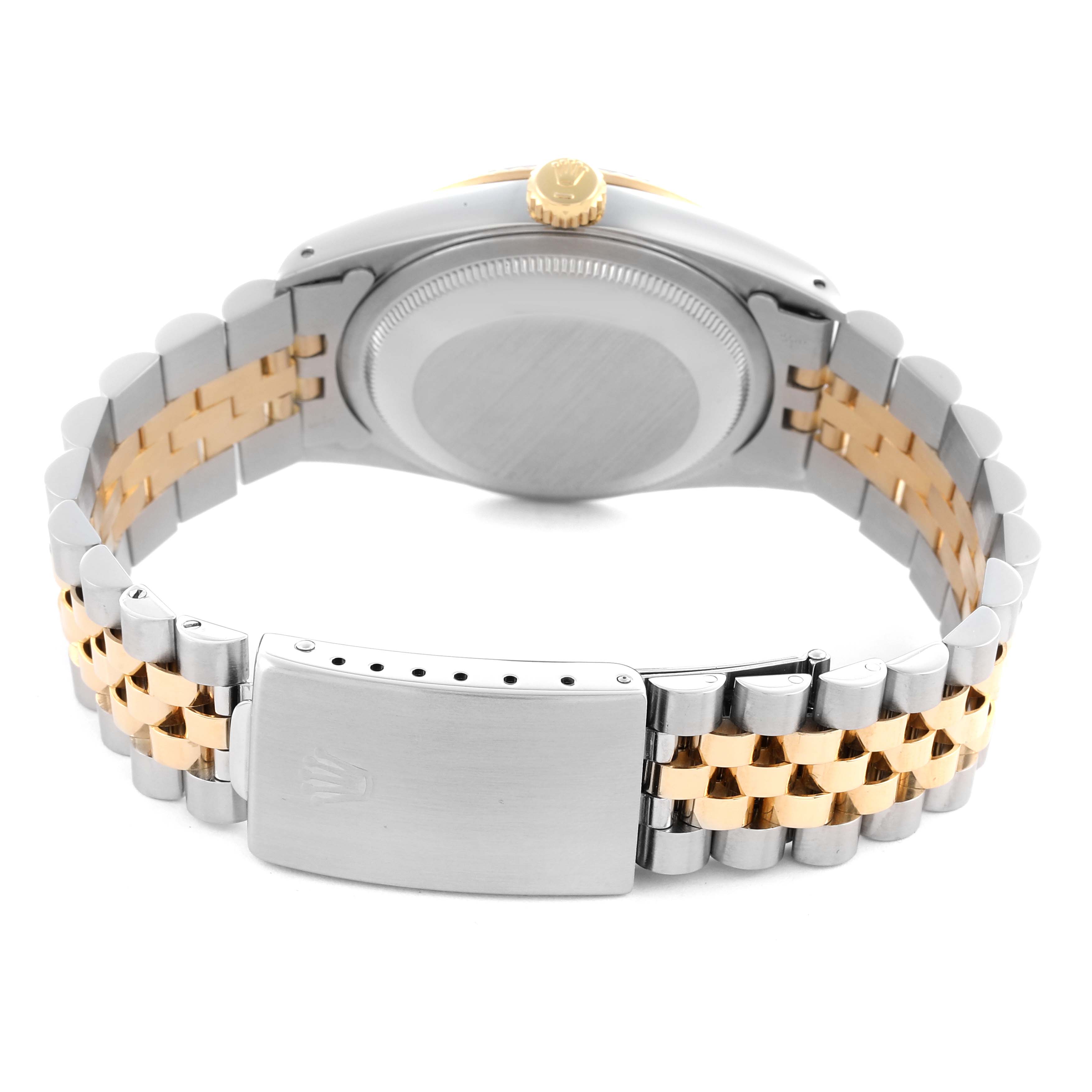 The image shows the back of a Rolex Datejust 16233 Men's Steel and Gold (two tone) Black Dial 16233 Men's Steel and Gold (two tone) Black Dial watch, highlighting its two-tone bracelet and clasp.