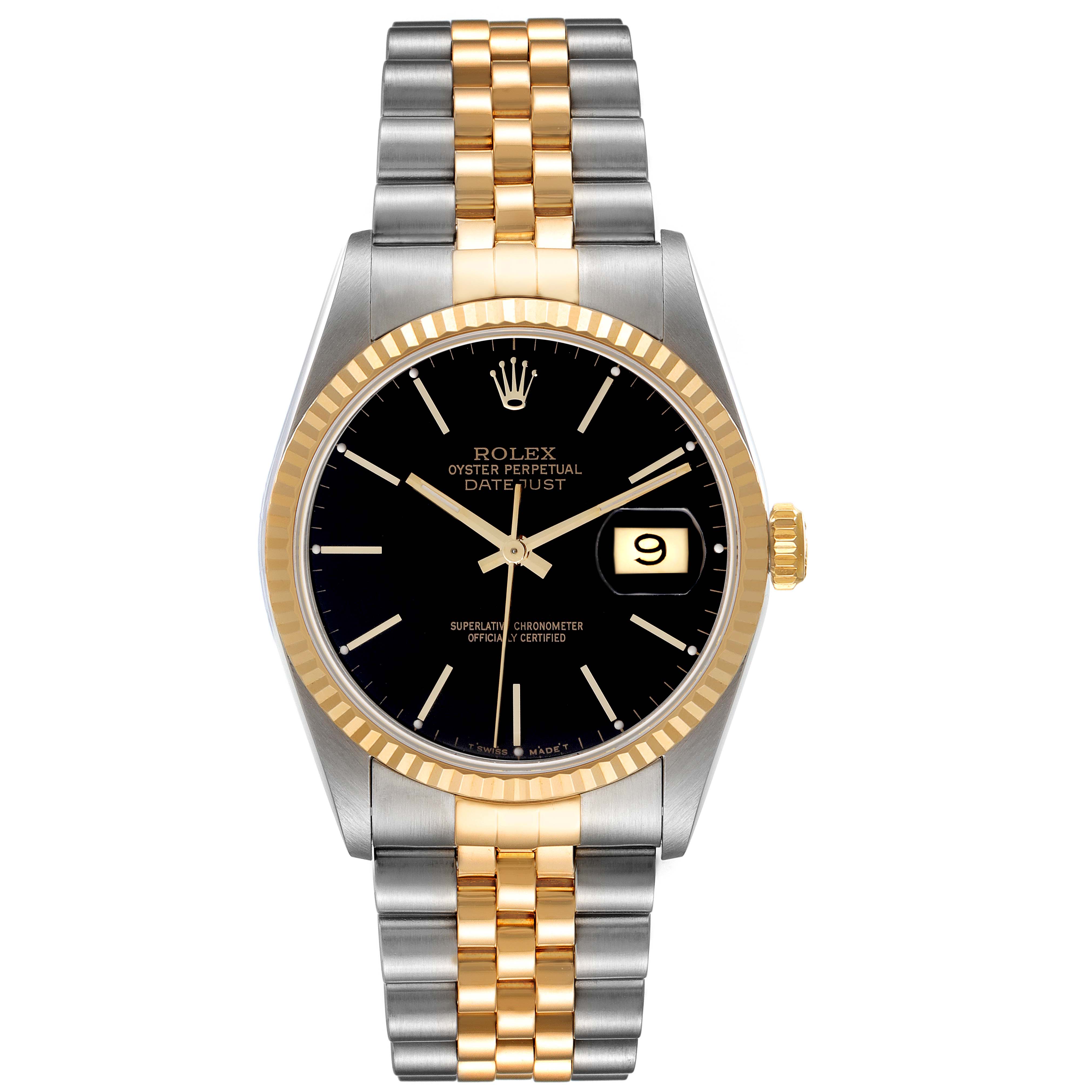 The Rolex Datejust 16233 Men's Steel and Gold (two tone) Black Dial 16233 Men's Steel and Gold (two tone) Black Dial watch is shown from the front, displaying its face, bezel, and two-tone bracelet.