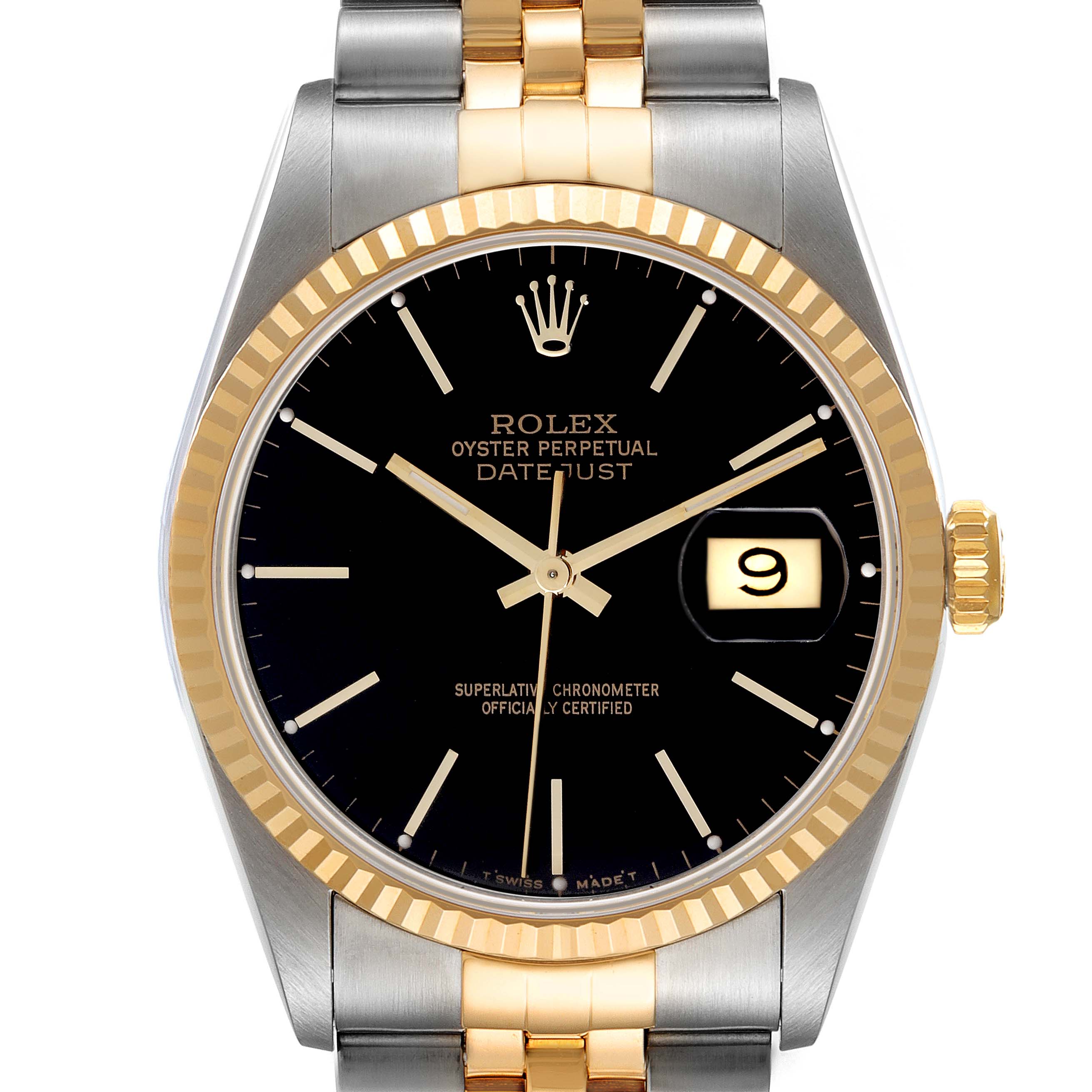 The Rolex Datejust 16233 Men's Steel and Gold (two tone) Black Dial 16233 Men's Steel and Gold (two tone) Black Dial is shown from the front, displaying the dial, bezel, and part of the bracelet.
