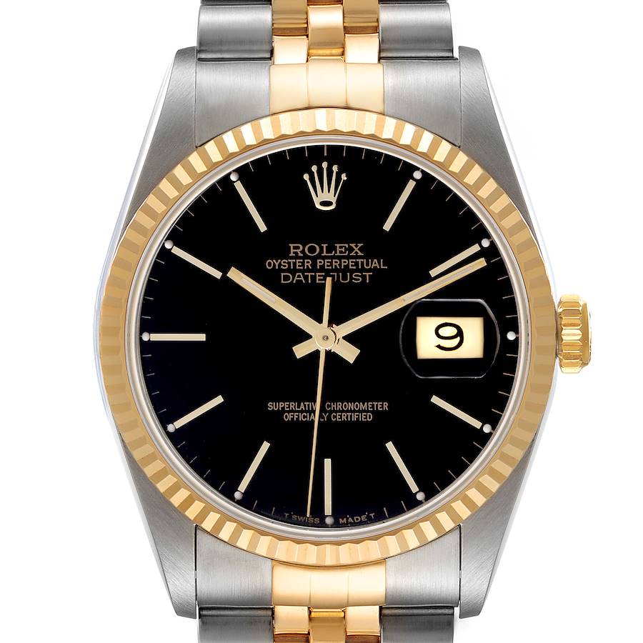 The Rolex Datejust is shown from the front, displaying the dial, bezel, and part of the bracelet.