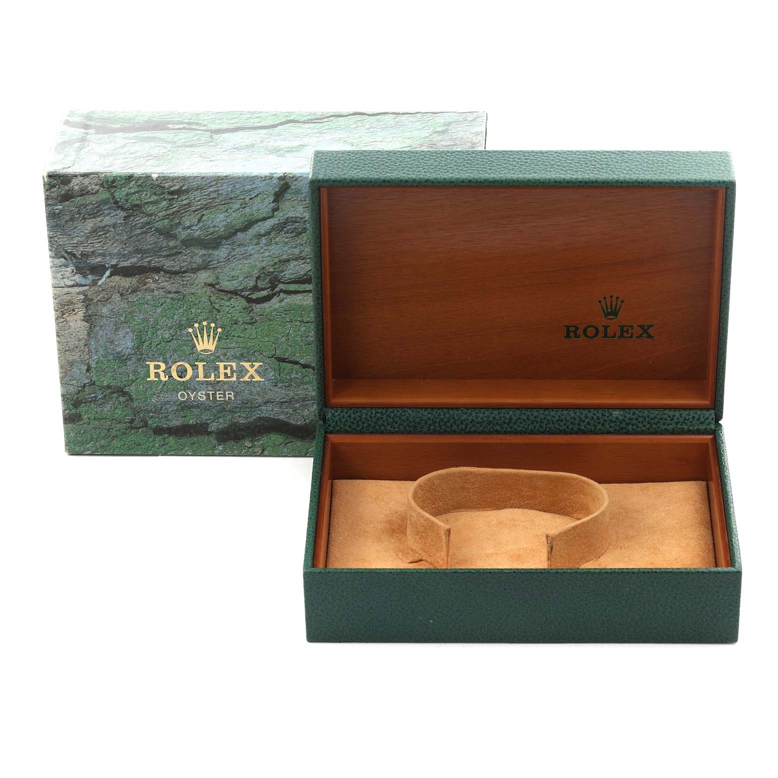 The image shows an open Rolex Datejust 16233 Men's Steel and Gold (two tone) Black Dial 16233 Men's Steel and Gold (two tone) Black Dial watch box and its outer packaging from a front angle.