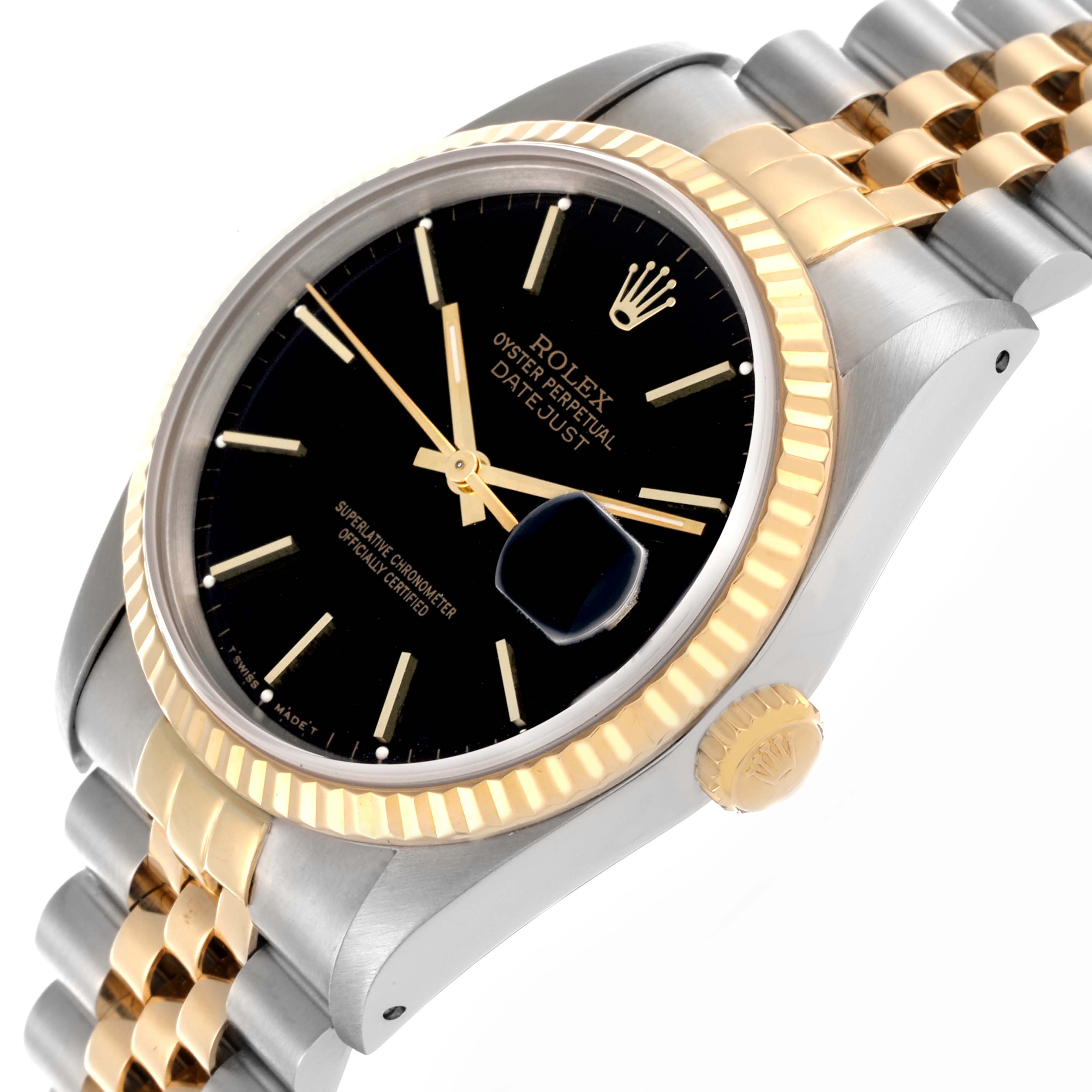 The Rolex Datejust 16233 Men's Steel and Gold (two tone) Black Dial 16233 Men's Steel and Gold (two tone) Black Dial watch is shown at a slight angle, highlighting the black dial, fluted bezel, Jubilee bracelet, and the crown.