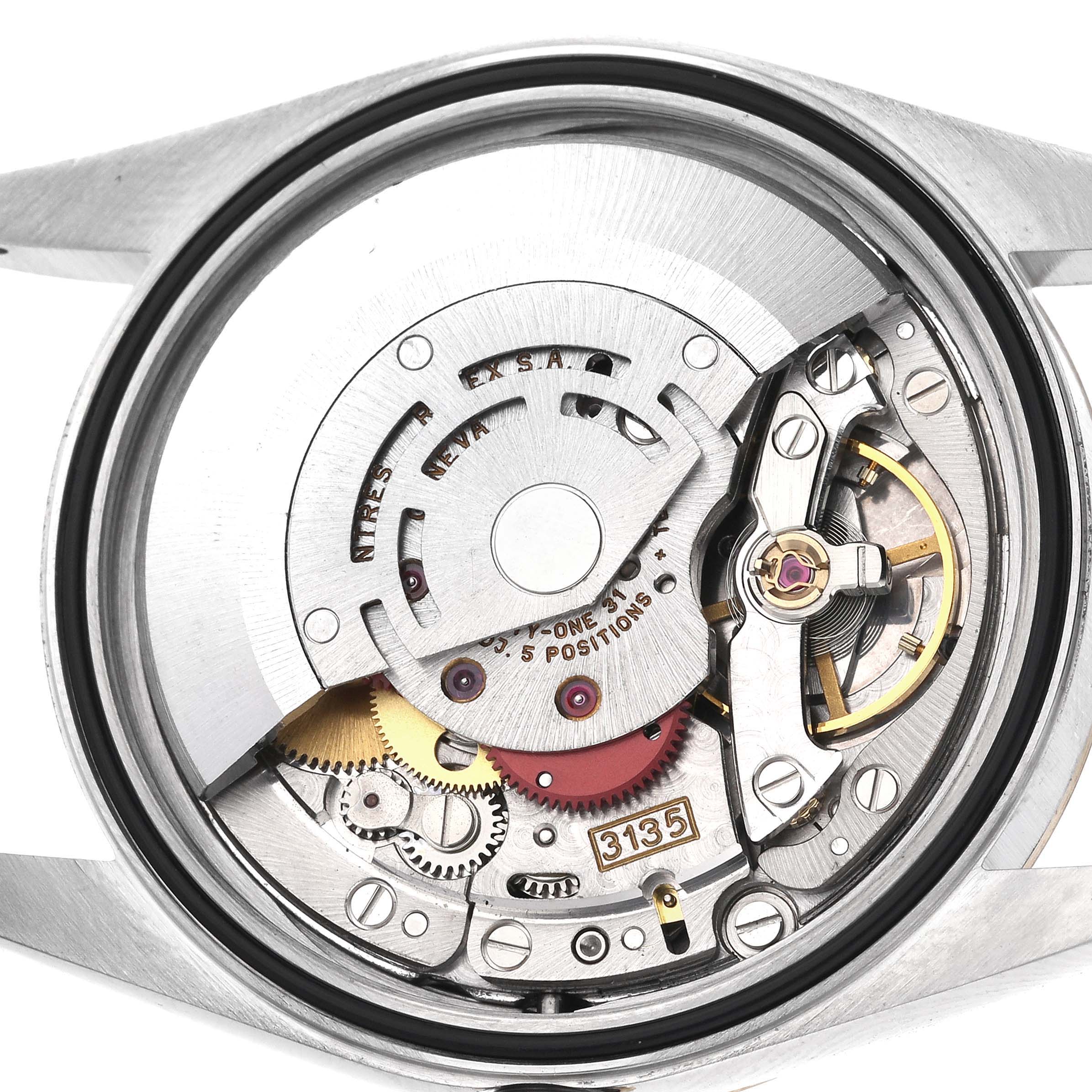 The image shows the movement mechanism of the Rolex Datejust 16233 Men's Steel and Gold (two tone) Black Dial 16233 Men's Steel and Gold (two tone) Black Dial, viewed from the back with detailed gears and components visible.