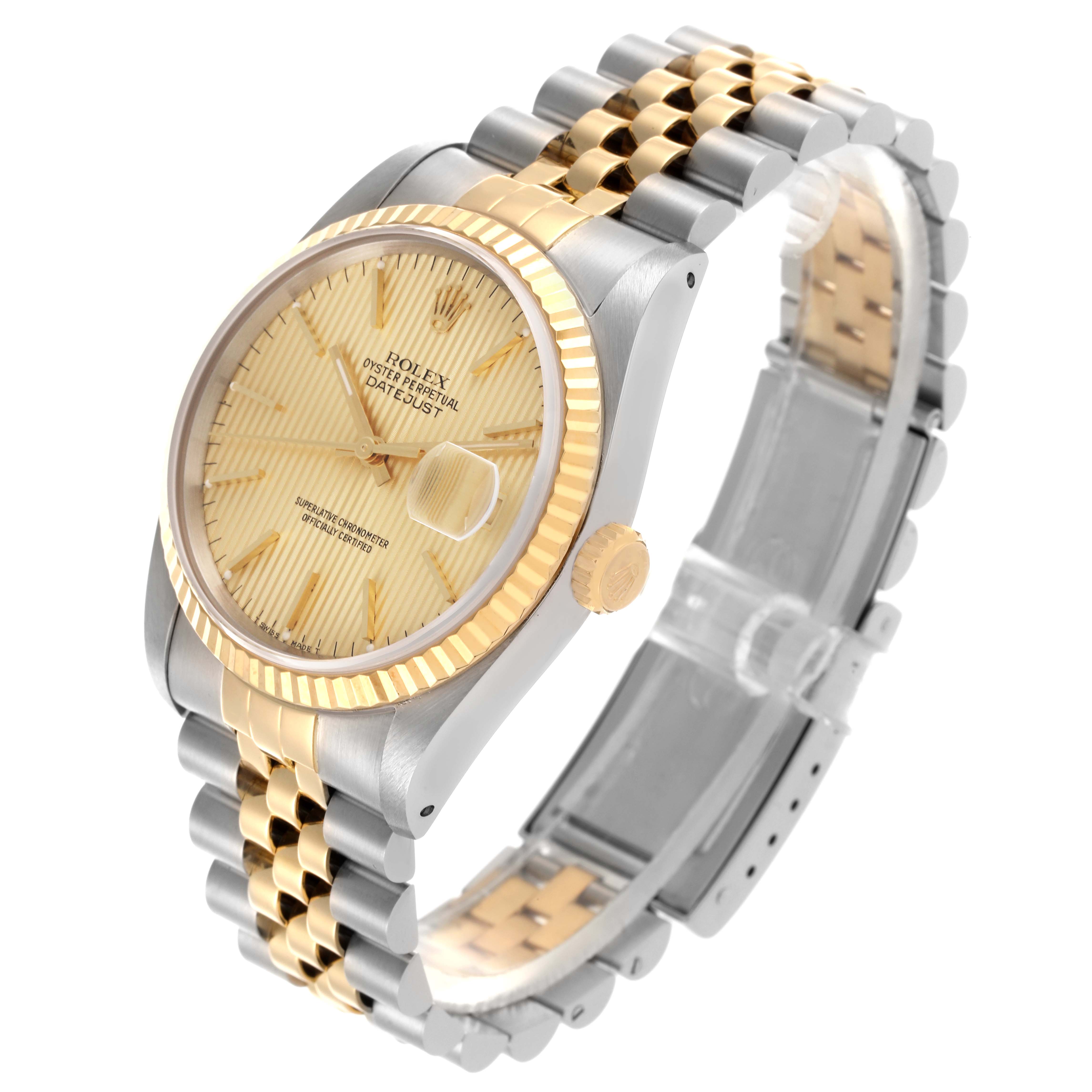 The Rolex Datejust 16233 Men's Steel and Gold (two tone) Champagne Dial 16233 Men's Steel and Gold (two tone) Champagne Dial watch is shown at an angle highlighting the dial, fluted bezel, crown, and two-tone bracelet.