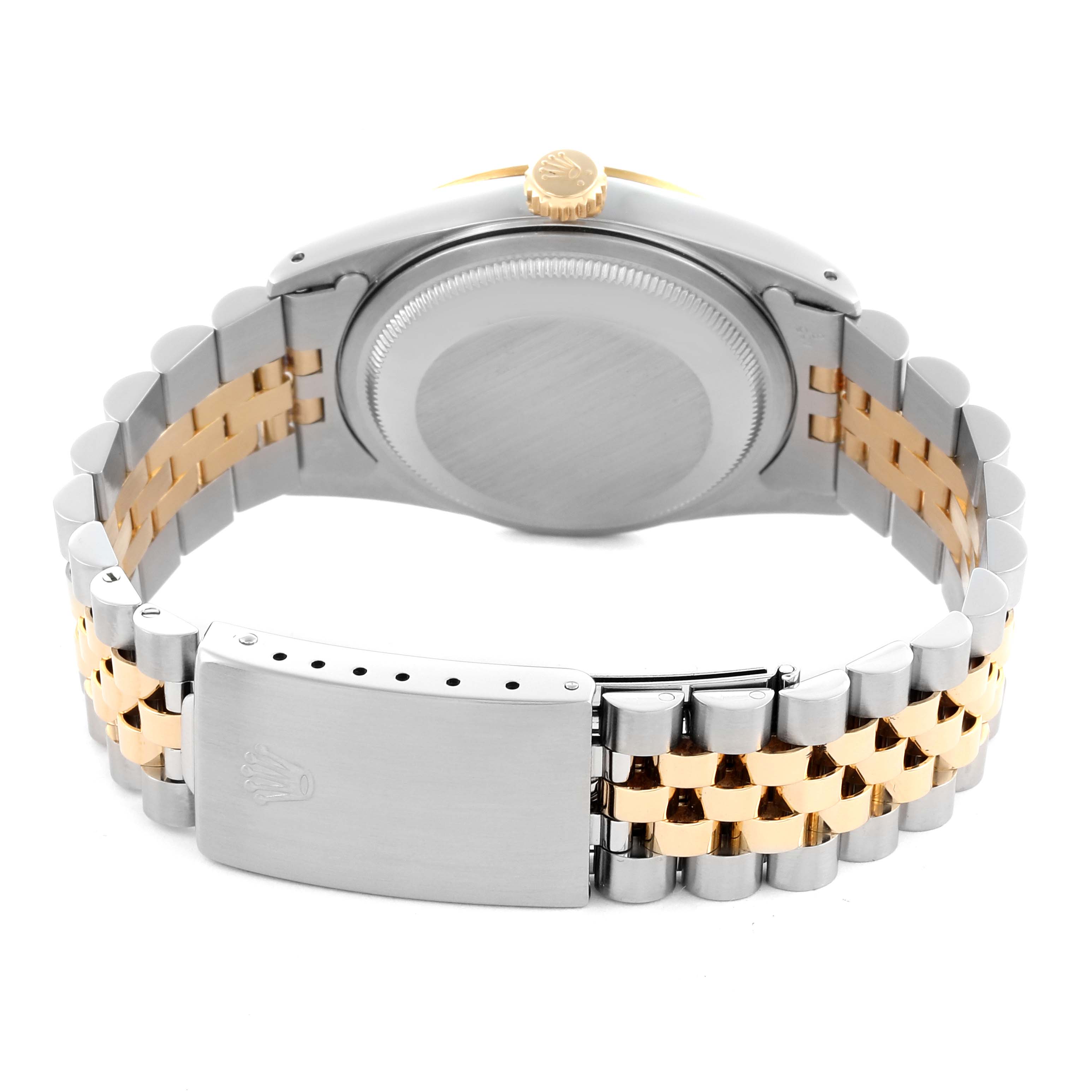 The image shows the back view of a Rolex Datejust 16233 Men's Steel and Gold (two tone) Champagne Dial 16233 Men's Steel and Gold (two tone) Champagne Dial watch, highlighting its two-tone bracelet and clasp.