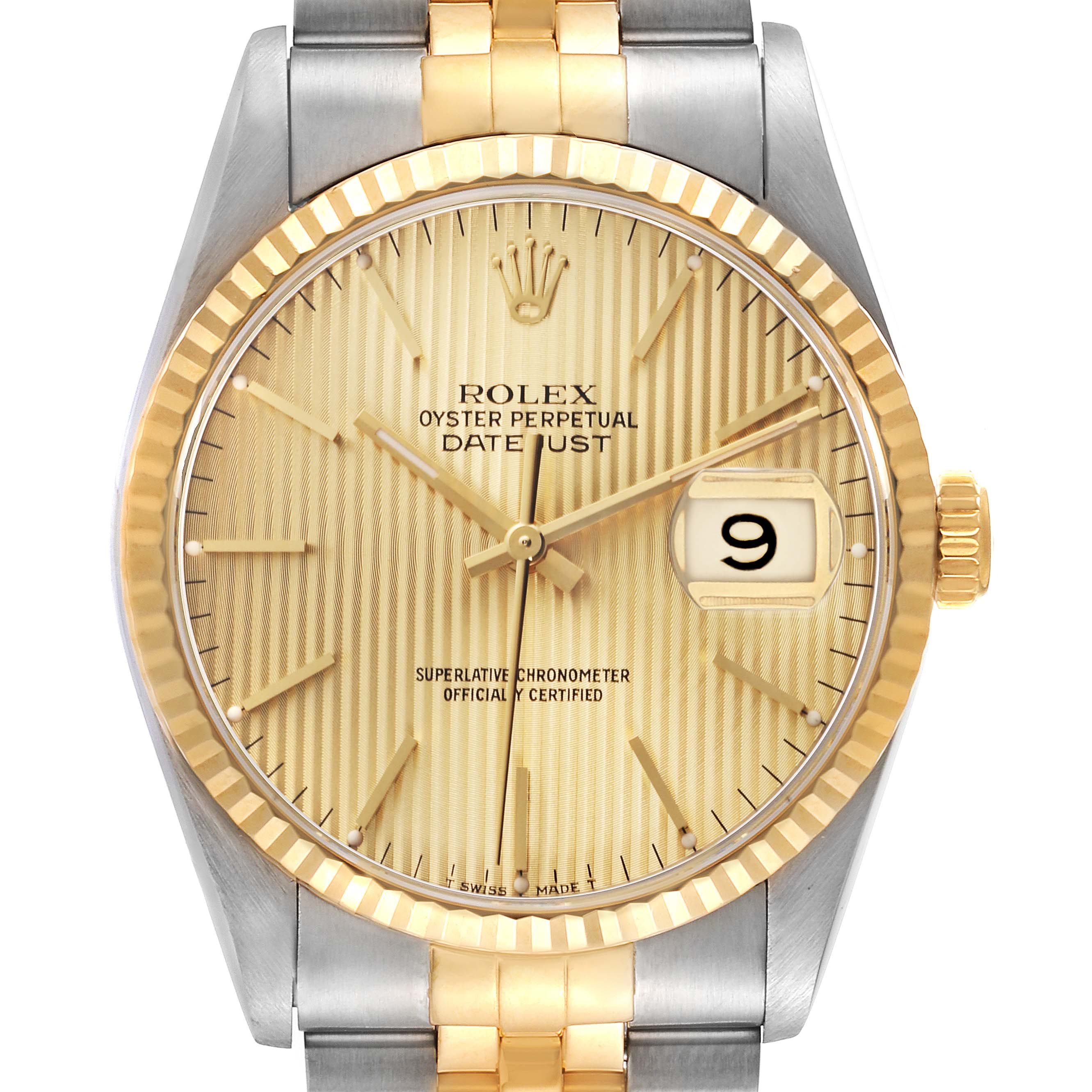 The Rolex Datejust 16233 Men's Steel and Gold (two tone) Champagne Dial 16233 Men's Steel and Gold (two tone) Champagne Dial watch is shown from a straight-on angle, displaying the face, fluted bezel, and part of the bracelet.