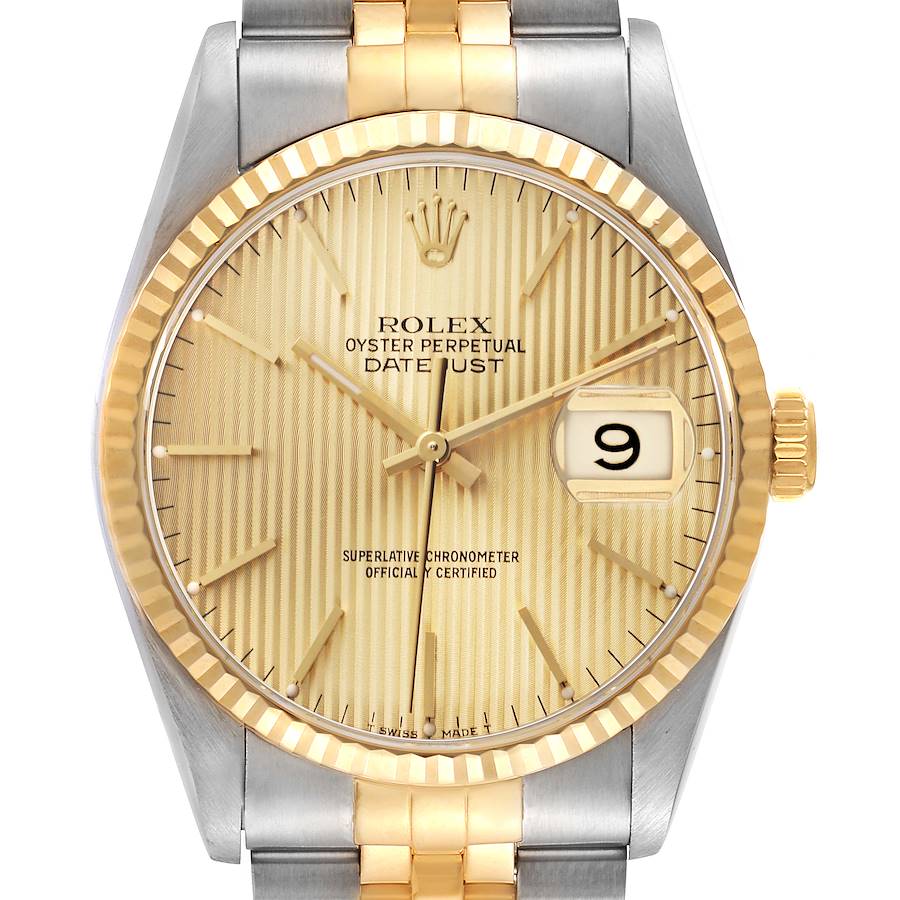 The Rolex Datejust watch is shown from a straight-on angle, displaying the face, fluted bezel, and part of the bracelet.