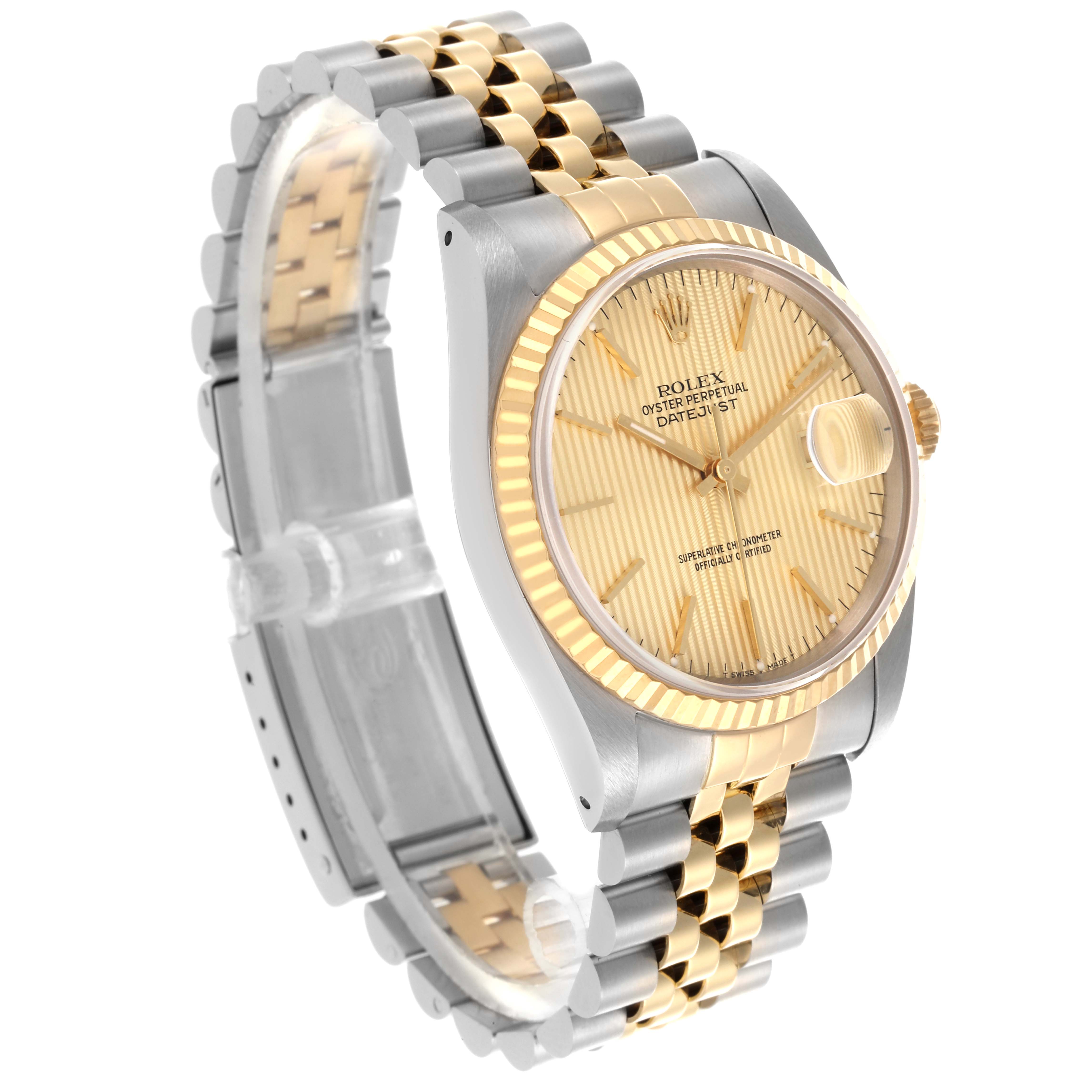 The Rolex Datejust 16233 Men's Steel and Gold (two tone) Champagne Dial 16233 Men's Steel and Gold (two tone) Champagne Dial watch is shown at an angled view, highlighting the gold and stainless steel bracelet, bezel, and face.