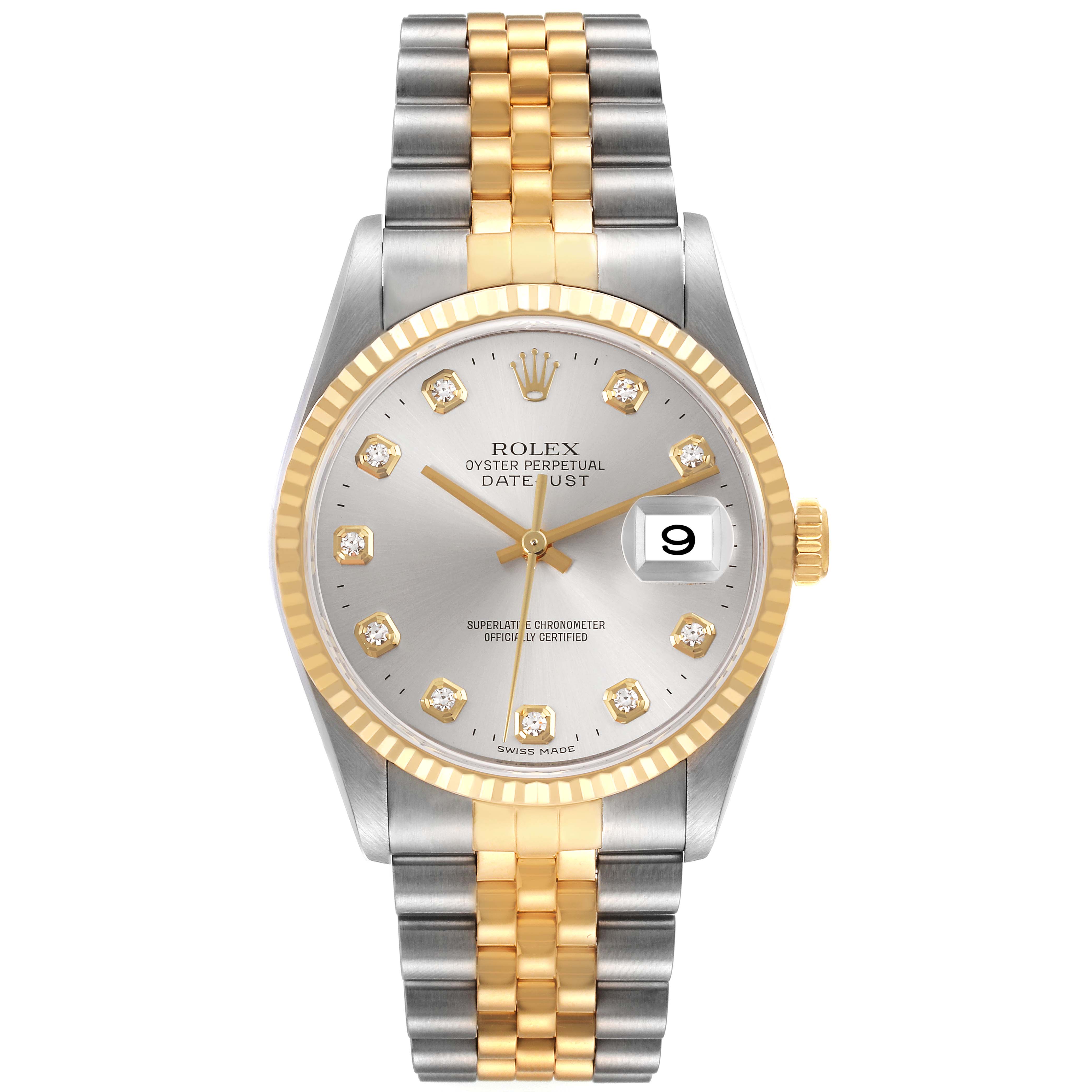 The Rolex Datejust 16233 Men
s Steel and Gold (two tone) Silver Dial 16233 Men
s Steel and Gold (two tone) Silver Dial watch is shown from a front angle, displaying the dial, bezel, and Jubilee bracelet.
