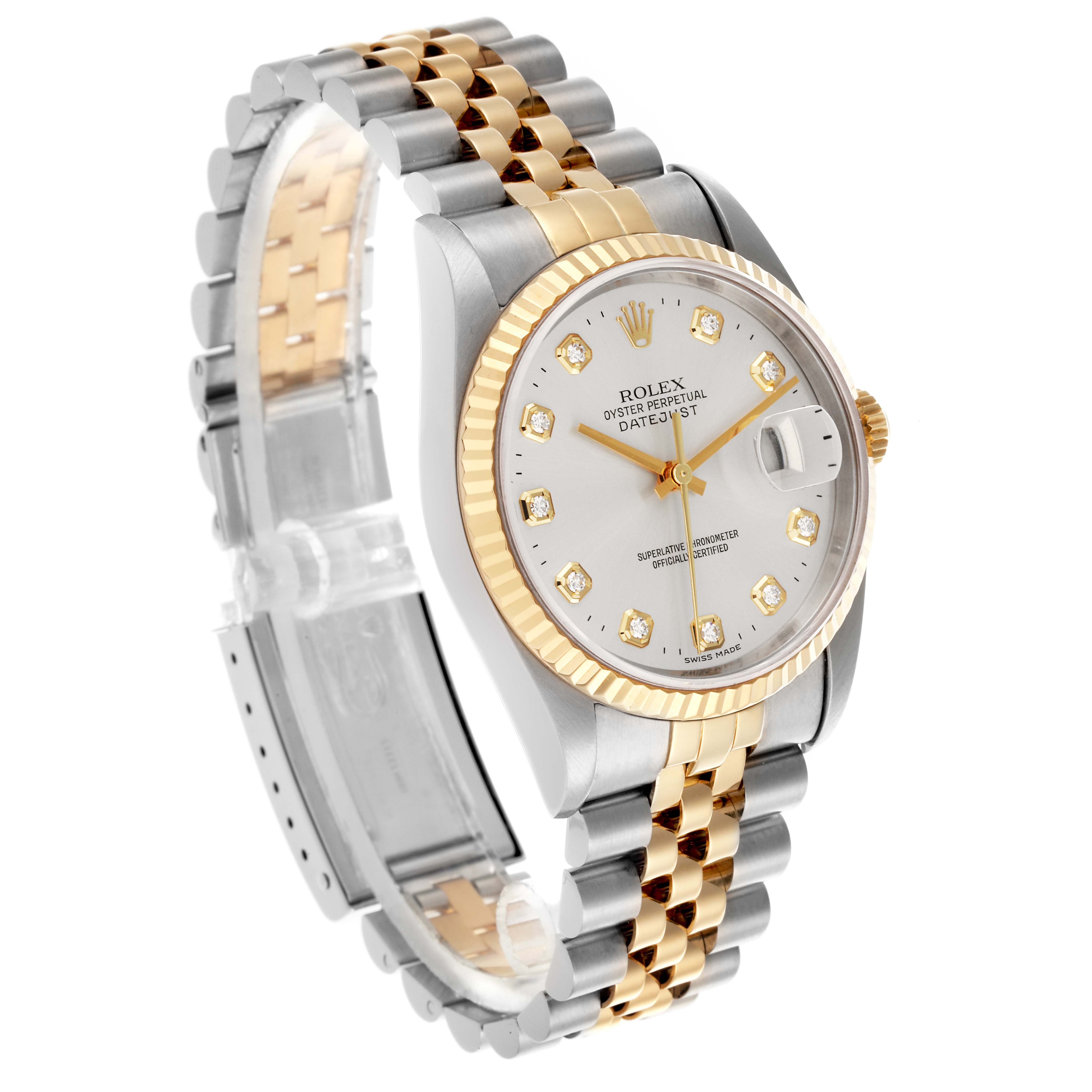 The Rolex Datejust 16233 Men
s Steel and Gold (two tone) Silver Dial 16233 Men
s Steel and Gold (two tone) Silver Dial watch is shown at a three-quarter angle, displaying the dial, bezel, and bracelet.