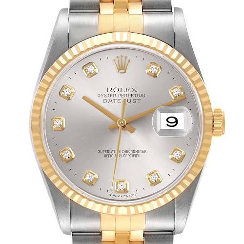 The Rolex Datejust watch is shown from a frontal angle, highlighting the dial, bezel, and part of the bracelet.