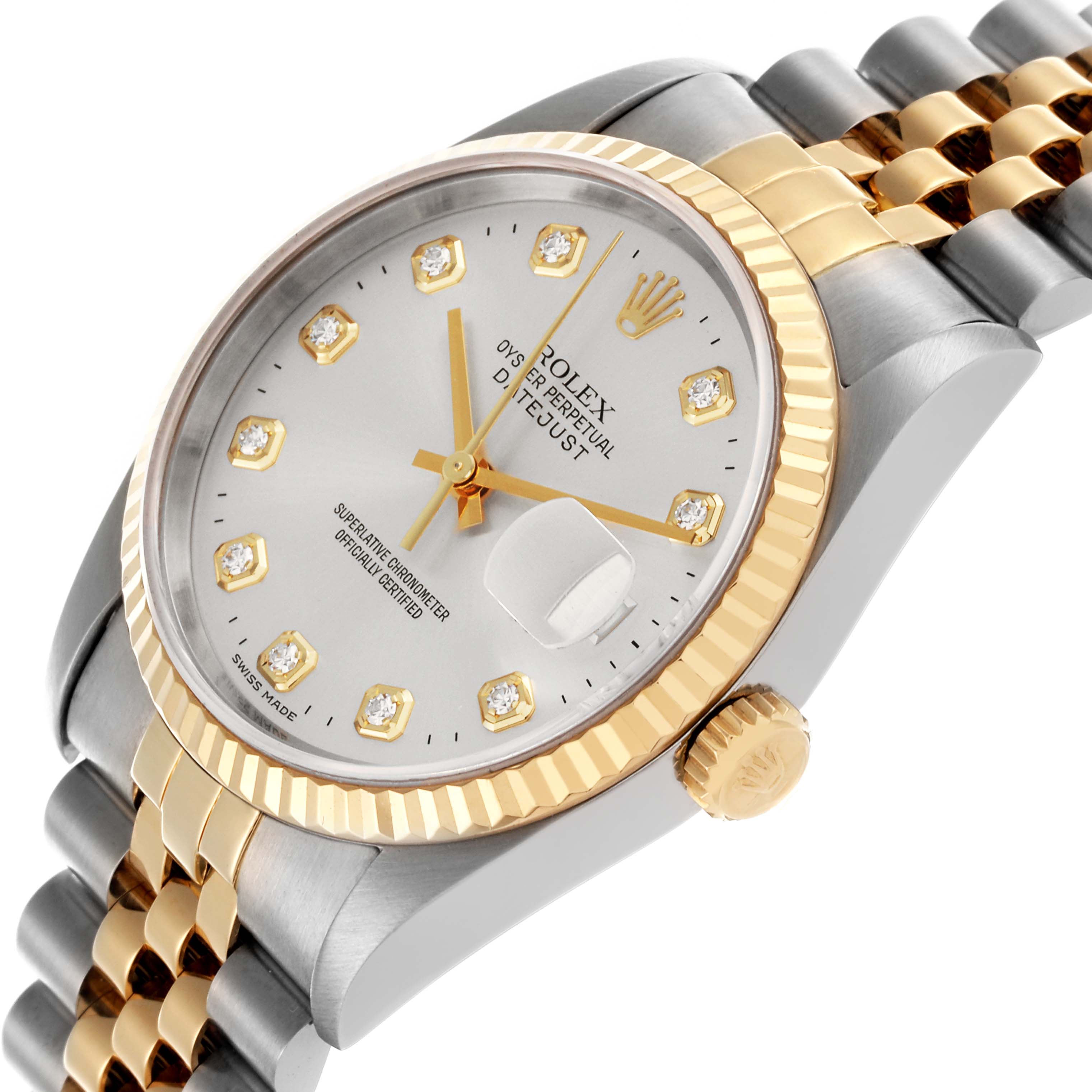 The Rolex Datejust 16233 Men
s Steel and Gold (two tone) Silver Dial 16233 Men
s Steel and Gold (two tone) Silver Dial watch is shown from an angled side view, highlighting the dial, bezel, crown, and part of the bracelet.