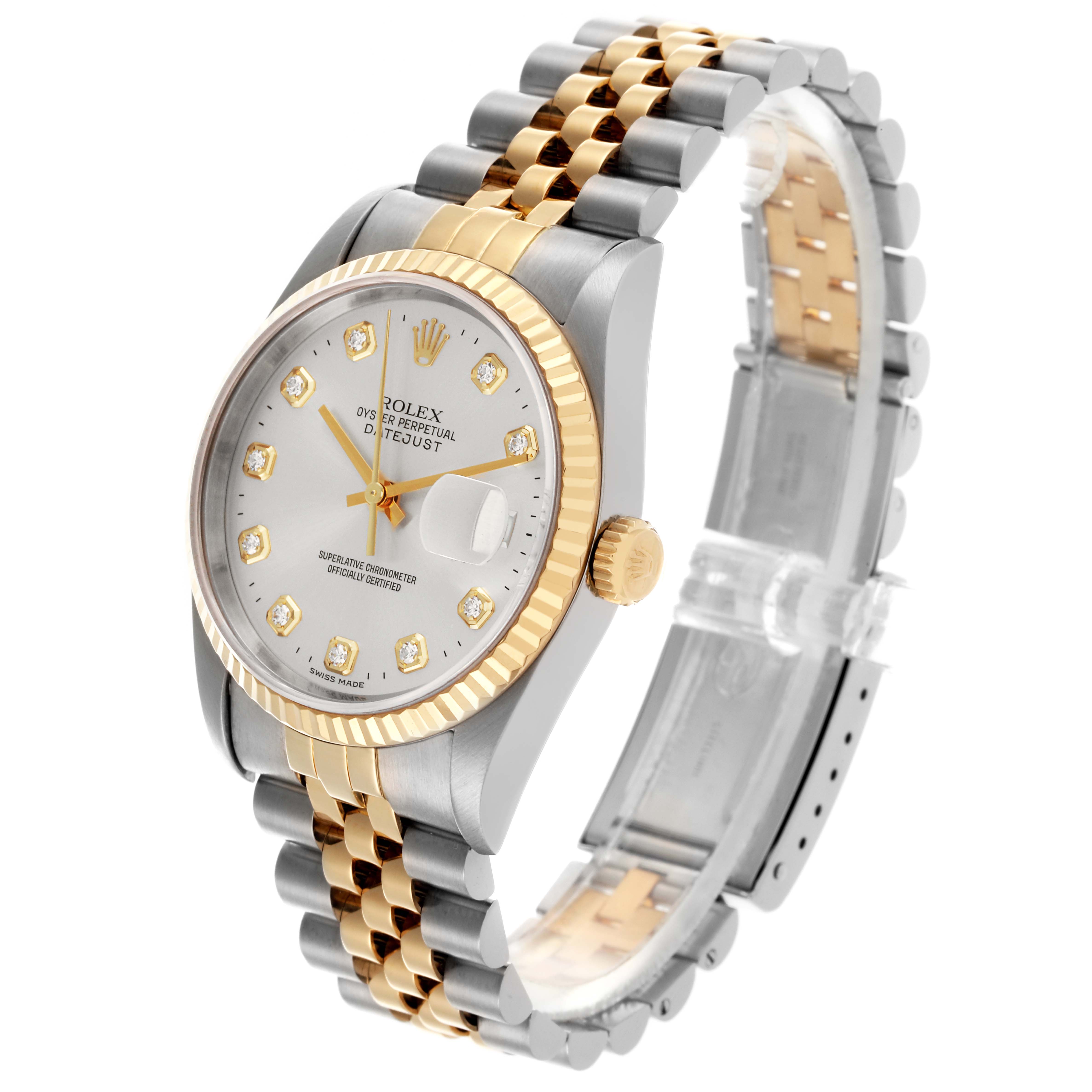 The image shows a Rolex Datejust 16233 Men
s Steel and Gold (two tone) Silver Dial 16233 Men
s Steel and Gold (two tone) Silver Dial watch at a three-quarter angle, highlighting its dial, bezel, and two-tone Jubilee bracelet.