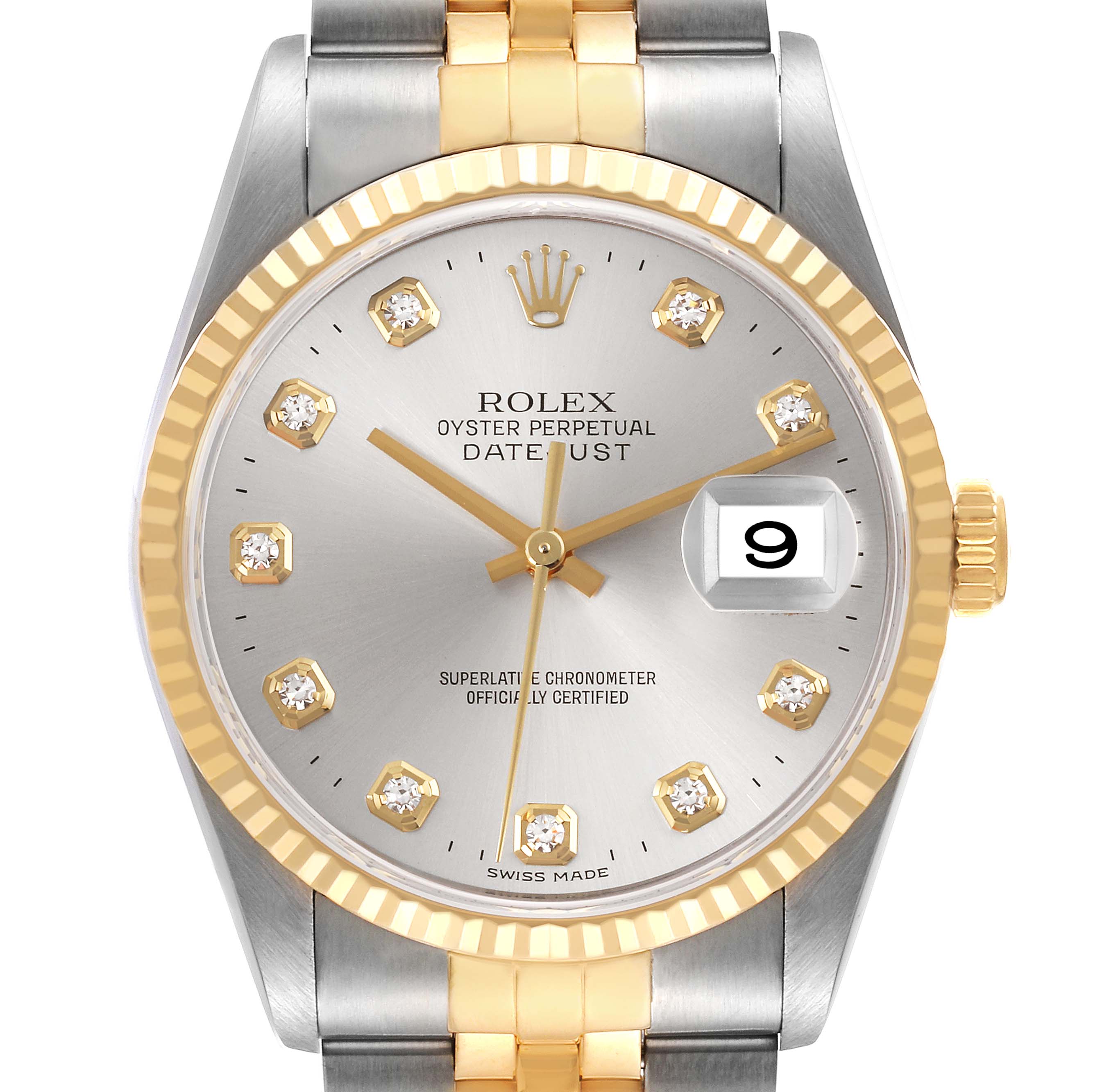 The Rolex Datejust 16233 Men
s Steel and Gold (two tone) Silver Dial 16233 Men
s Steel and Gold (two tone) Silver Dial watch is shown from the front, displaying the face, dial, date window, bezel, and part of the bracelet.