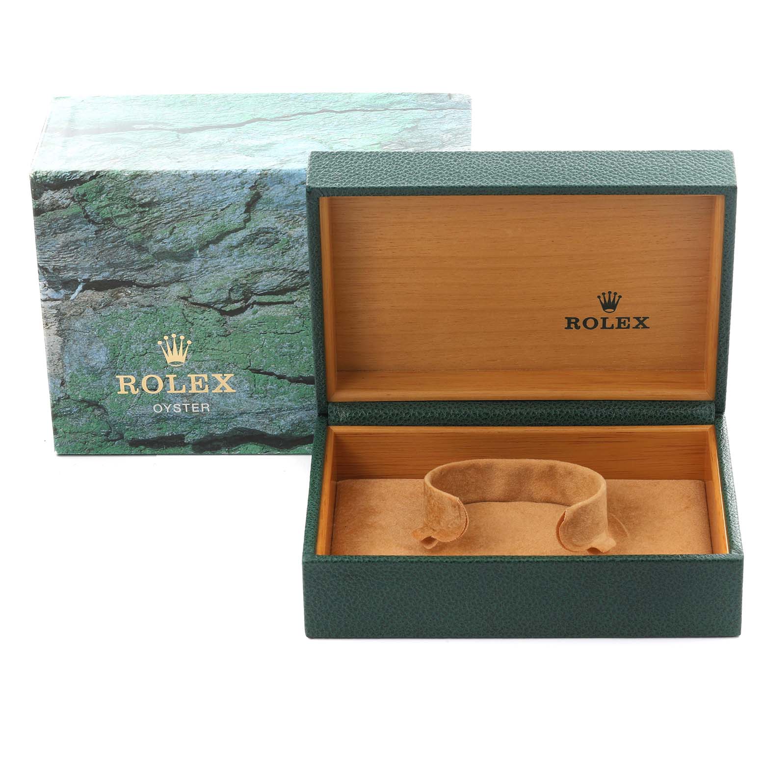 The image shows the open presentation box for a Rolex Datejust 16233 Men
s Steel and Gold (two tone) Silver Dial 16233 Men
s Steel and Gold (two tone) Silver Dial, with an empty cushion for holding the watch.