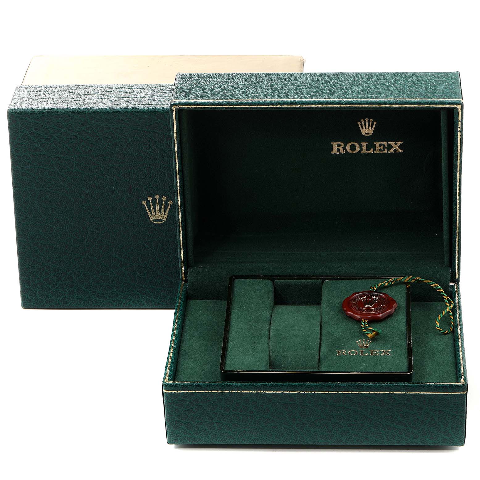 The image displays the open box of a Rolex Vintage Collection 1603 Men
s Steel and Gold (two tone) Champagne Dial 1603 Men
s Steel and Gold (two tone) Champagne Dial watch, showing the interior compartments and a certification seal.