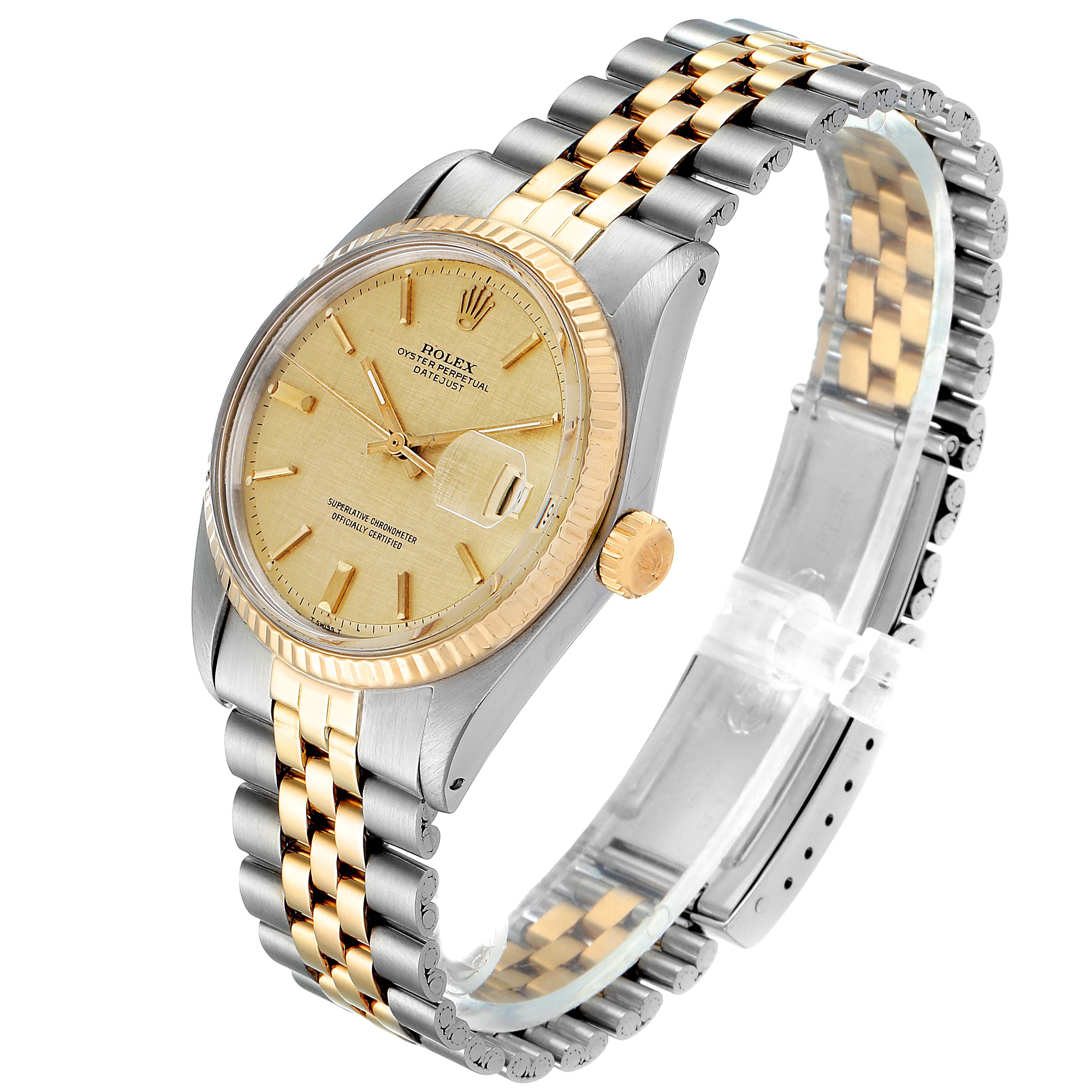 This Rolex Vintage Collection 1603 Men
s Steel and Gold (two tone) Champagne Dial 1603 Men
s Steel and Gold (two tone) Champagne Dial model is shown at an angled side view, highlighting its two-tone bracelet, dial, and crown.