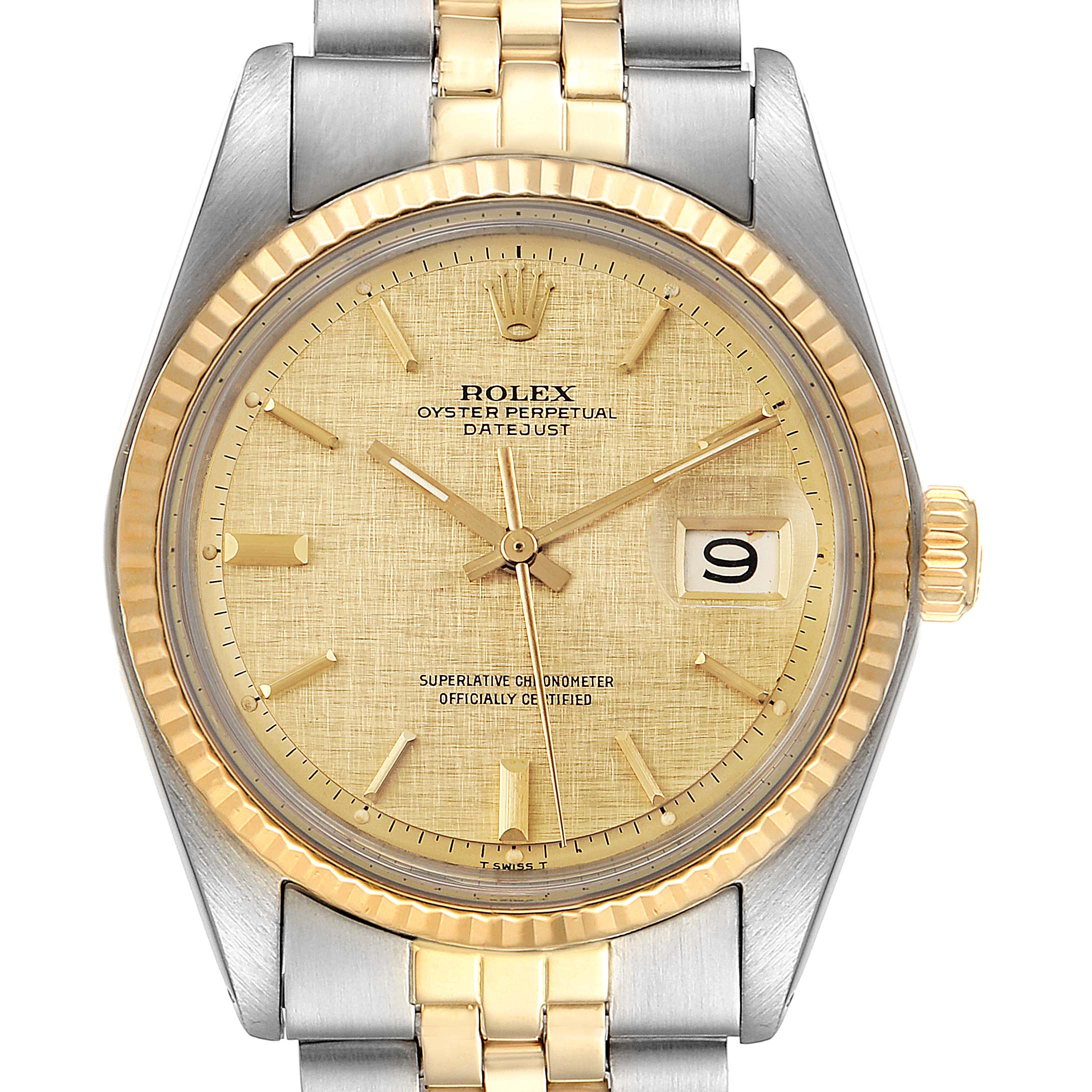 The image shows a frontal view of the Rolex Vintage Collection 1603 Men
s Steel and Gold (two tone) Champagne Dial 1603 Men
s Steel and Gold (two tone) Champagne Dial model watch, highlighting the dial, hands, bezel, and bracelet.