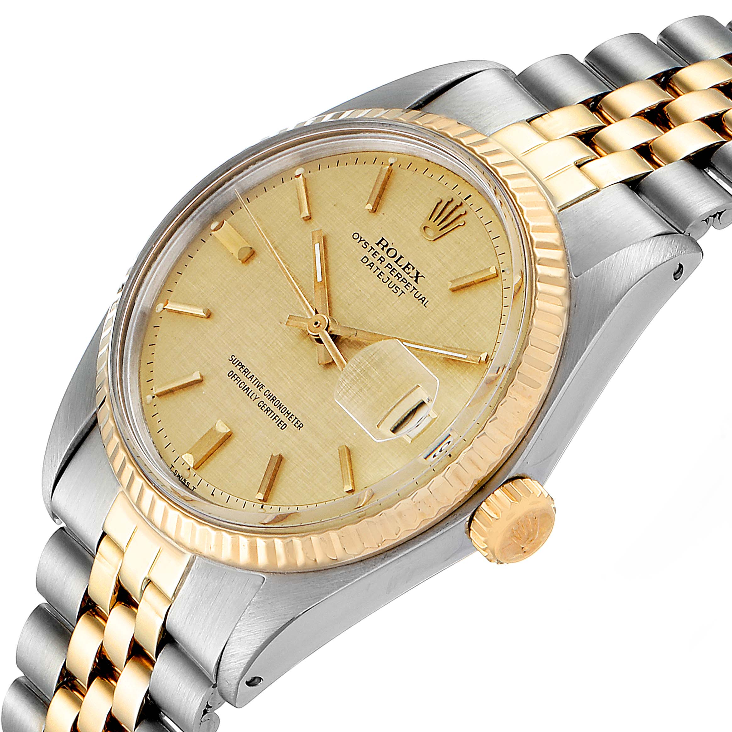 The image shows a Rolex Vintage Collection 1603 Men
s Steel and Gold (two tone) Champagne Dial 1603 Men
s Steel and Gold (two tone) Champagne Dial watch at a side angle, highlighting its gold dial, bezel, and two-tone bracelet.