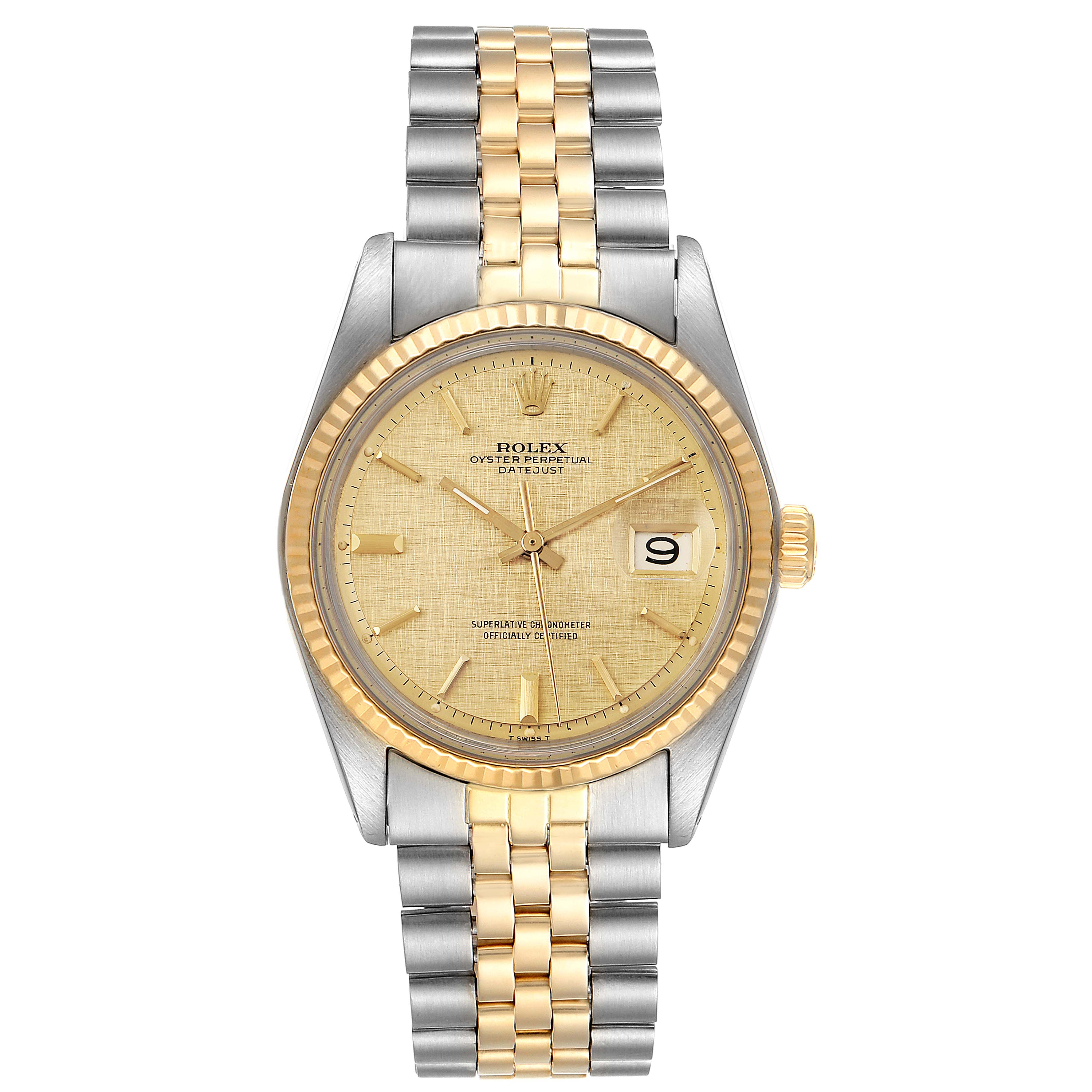 The Rolex Vintage Collection 1603 Men
s Steel and Gold (two tone) Champagne Dial 1603 Men
s Steel and Gold (two tone) Champagne Dial model is shown from a front view displaying the dial, hands, bracelet, and date window.