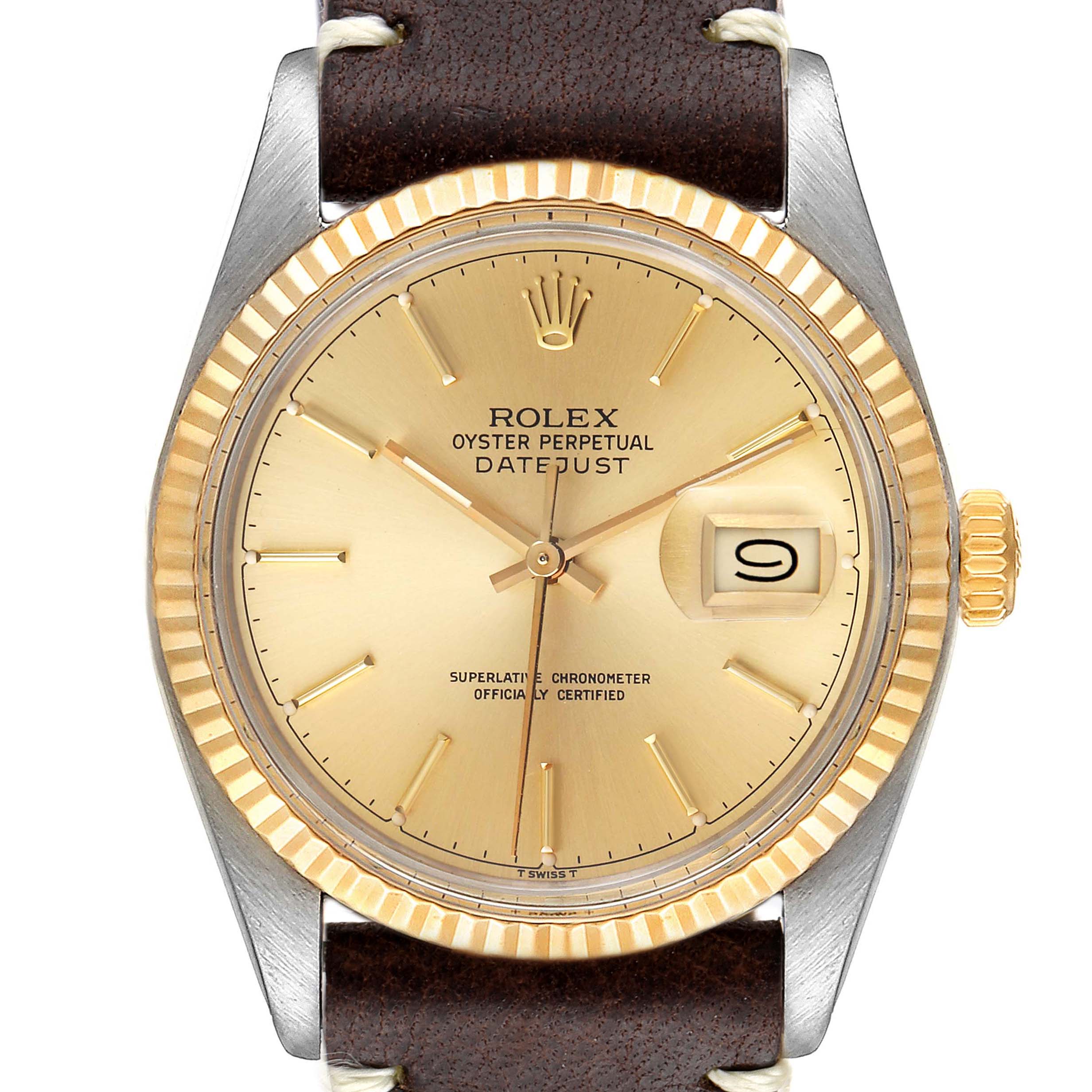 The image shows a front view of a Rolex Vintage Collection 16013 Men's Steel and Gold (two tone) Champagne Dial 16013 Men's Steel and Gold (two tone) Champagne Dial Oyster Perpetual Datejust watch, featuring a gold dial and leather strap.