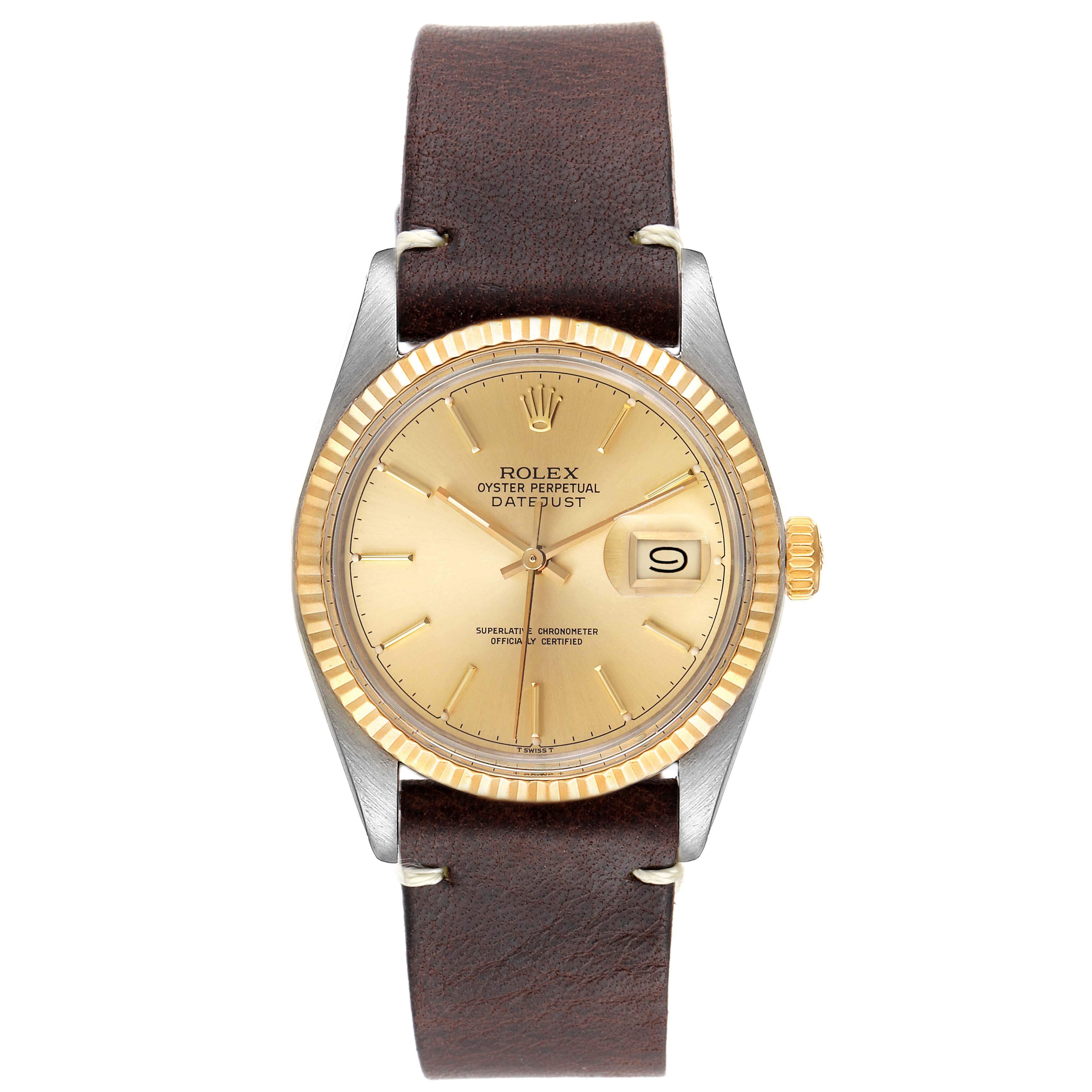 The image shows a frontal view of the Rolex Vintage Collection 16013 Men's Steel and Gold (two tone) Champagne Dial 16013 Men's Steel and Gold (two tone) Champagne Dial watch, featuring its dial, bezel, crown, and leather strap.