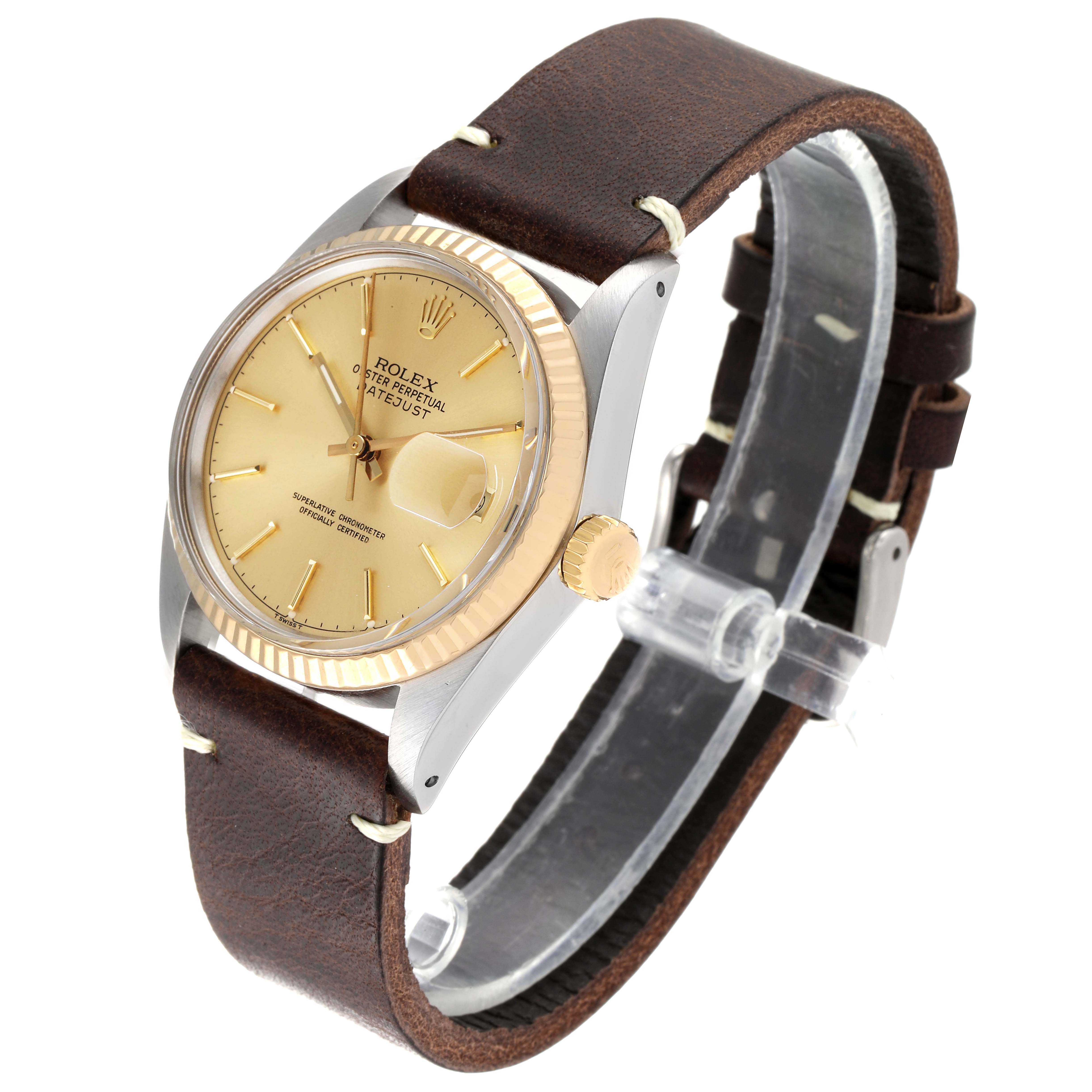 The image shows a Rolex Vintage Collection 16013 Men's Steel and Gold (two tone) Champagne Dial 16013 Men's Steel and Gold (two tone) Champagne Dial watch from a three-quarter angle, displaying the dial, bezel, crown, and leather strap.