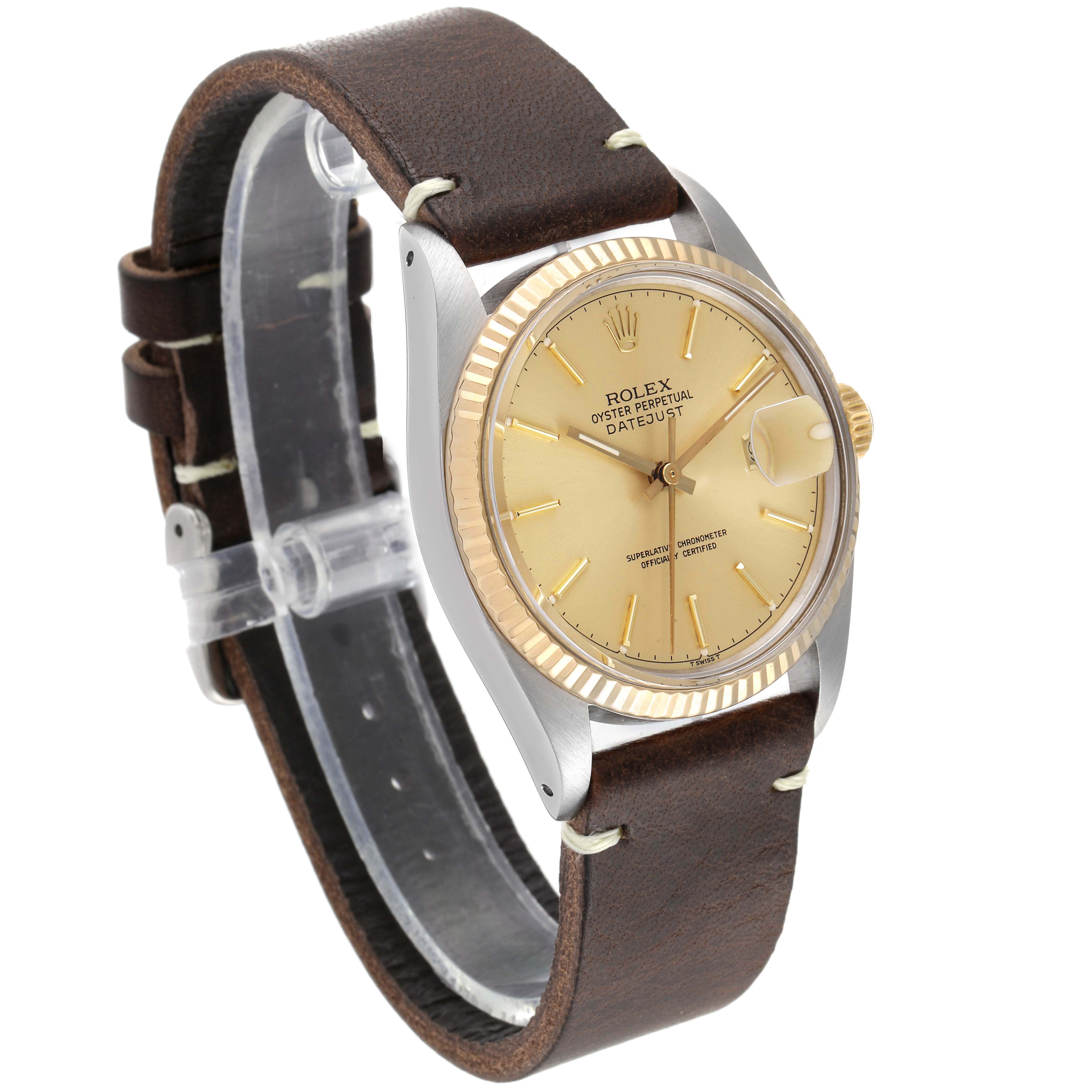 This image shows a side angle view of a Rolex Vintage Collection 16013 Men's Steel and Gold (two tone) Champagne Dial 16013 Men's Steel and Gold (two tone) Champagne Dial Datejust watch with a brown leather strap.