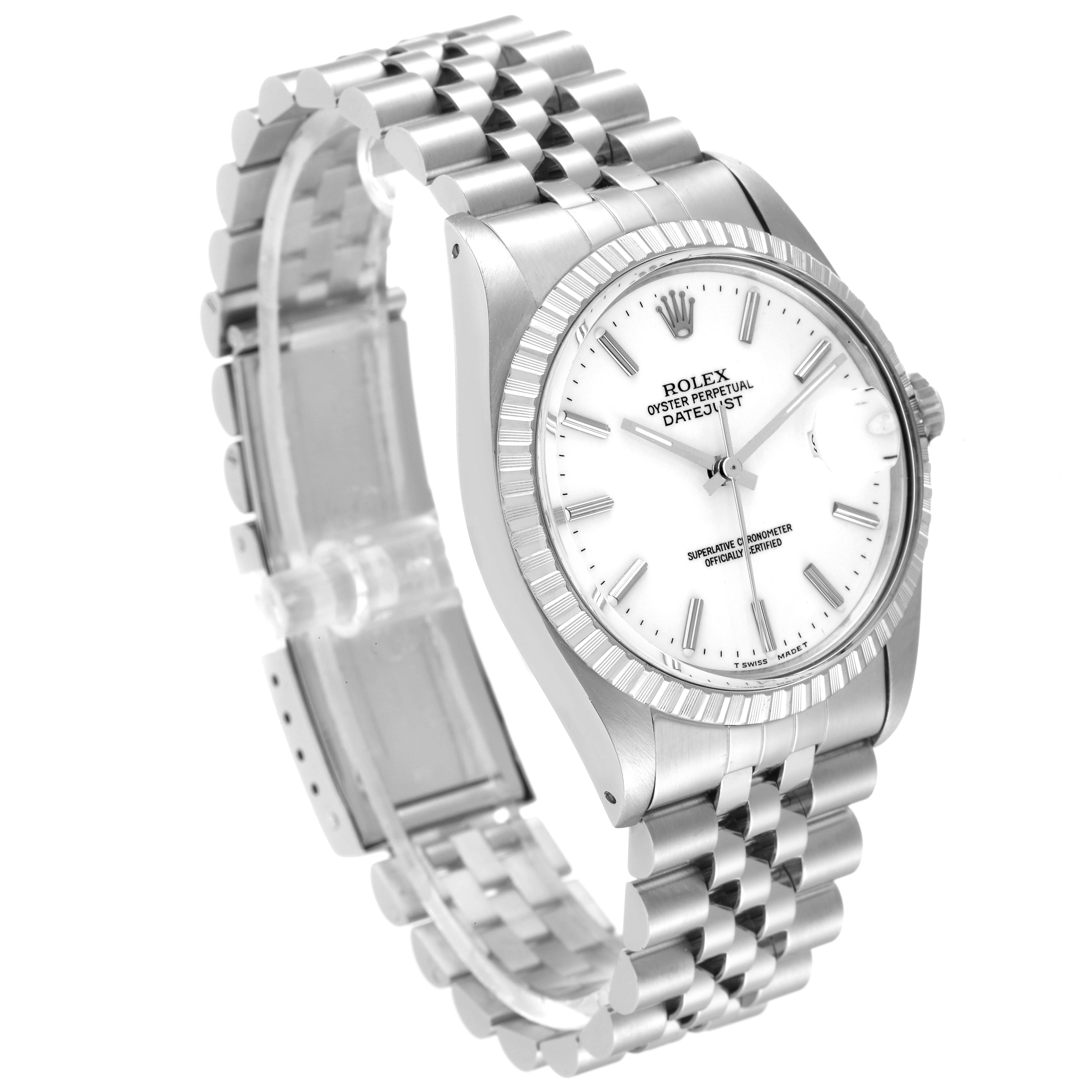The image shows a side-angle view of a Rolex Vintage Collection 16030 Men's Stainless Steel White Dial 16030 Men's Stainless Steel White Dial Oyster Perpetual Datejust watch, highlighting its face and metal bracelet.