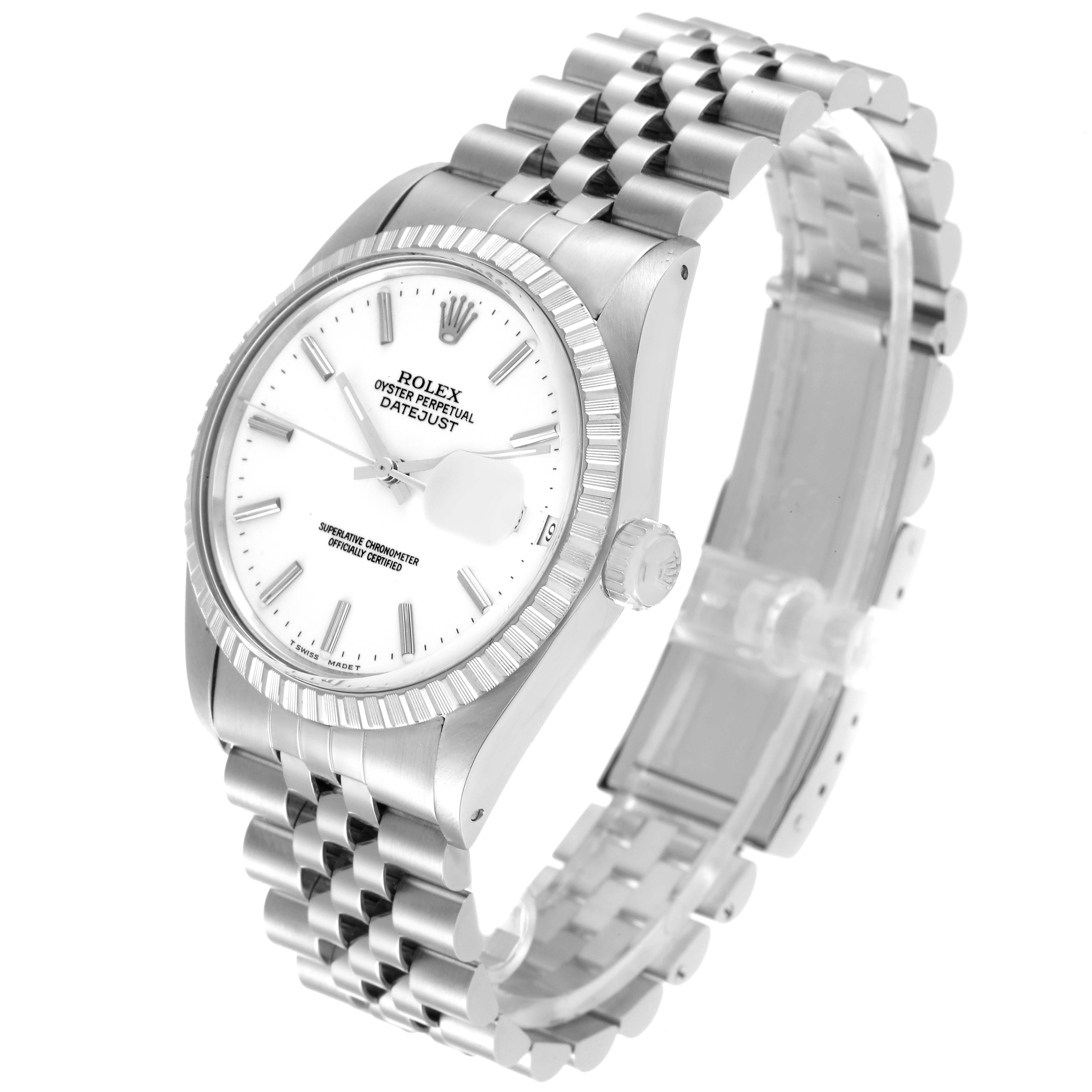 The image shows a Rolex Vintage Collection 16030 Men's Stainless Steel White Dial 16030 Men's Stainless Steel White Dial Datejust watch at a three-quarter angle, highlighting the face, bezel, and bracelet.